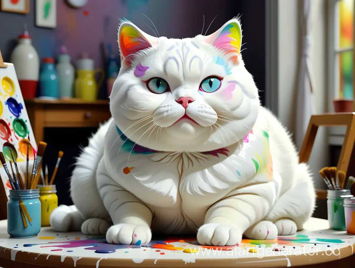 Chubby-White-Cat-Sitting-on-Table-Colorful-Realism-2K-3D-Painting