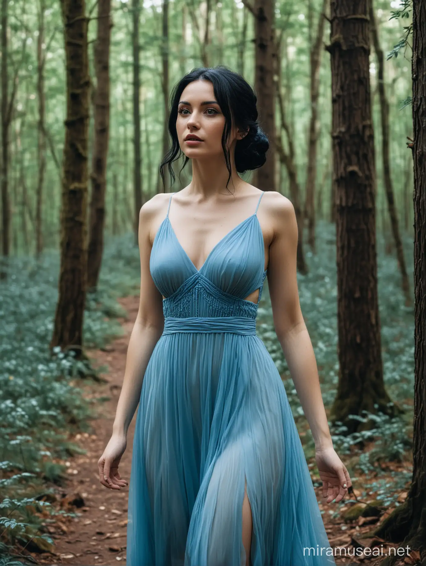 Una mujer en vestido azul de cabello negro y piel blanca muy hermosa en un bosque 