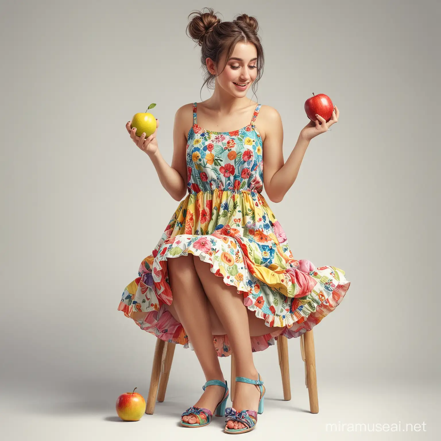 Colorful Spring Portrait Beautiful Girl Enjoying an Apple in Inventive Cartoon Style