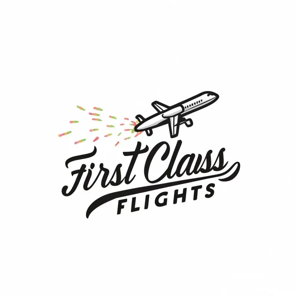 a logo design,with the text "First Class Flights", main symbol: skywriting plane with the trail being candies ,Moderate,be used in Restaurant industry,clear background