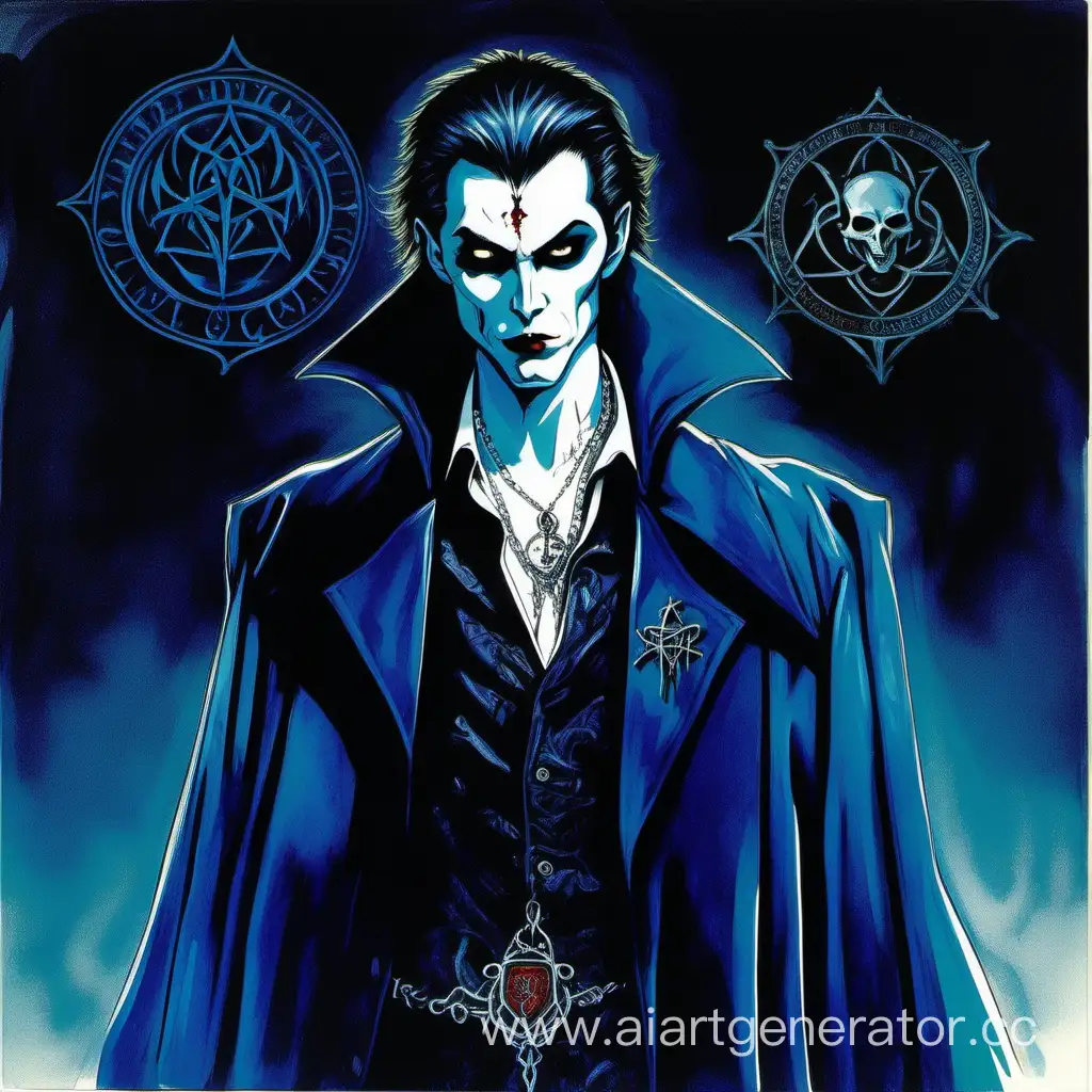 Vampire, blue velvet coat with sigils, 1990, night, elegant, portrait, vampire the masquerade