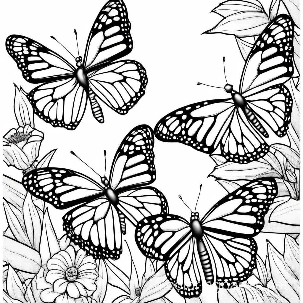 monarch butterflies in michoacan
, Coloring Page, black and white, line art, white background, Simplicity, Ample White Space. The background of the coloring page is plain white to make it easy for young children to color within the lines. The outlines of all the subjects are easy to distinguish, making it simple for kids to color without too much difficulty