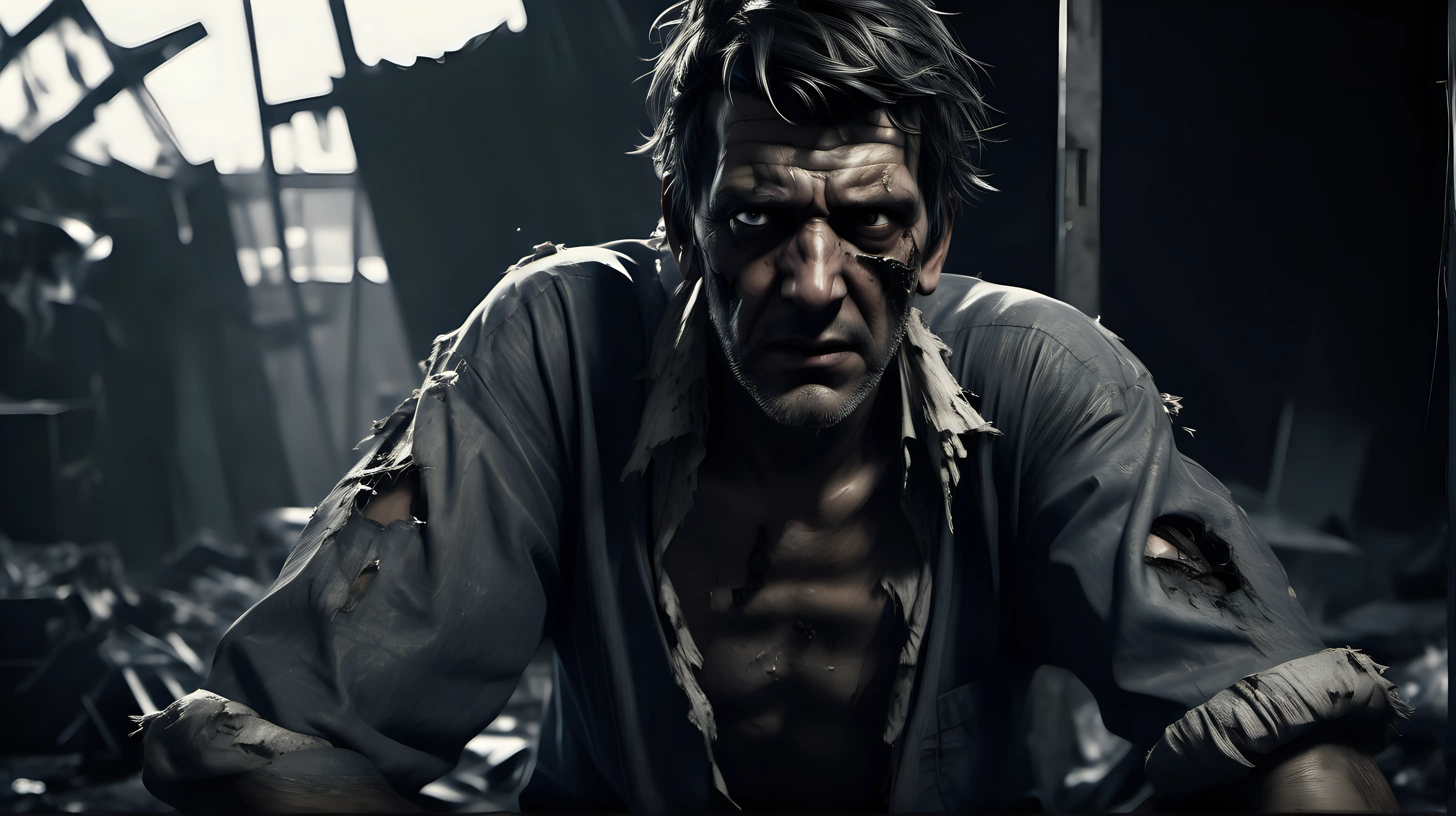 /imagine prompt: Realistic, Cinematic, personality: [Show Man in a tattered clothesstruggling with various menial jobs, each one more demeaning than the previous. The frustration on his face is evident, as he faces the harsh reality of his circumstances.] unreal engine, hyper real --q 2 --v 5.2 --ar 16:9