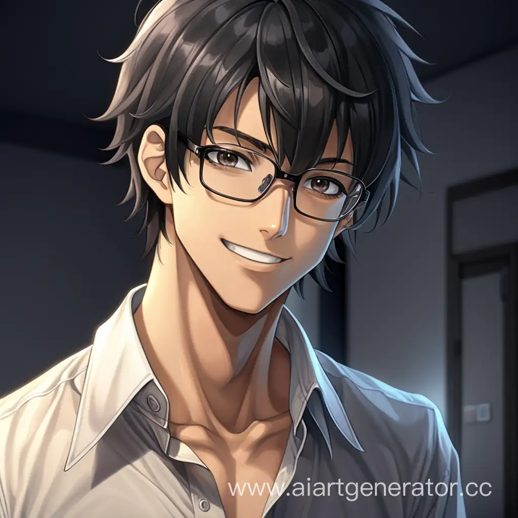 Young-Man-with-Black-Hair-and-Glasses-Smiling-in-Stylish-Anime-Setting