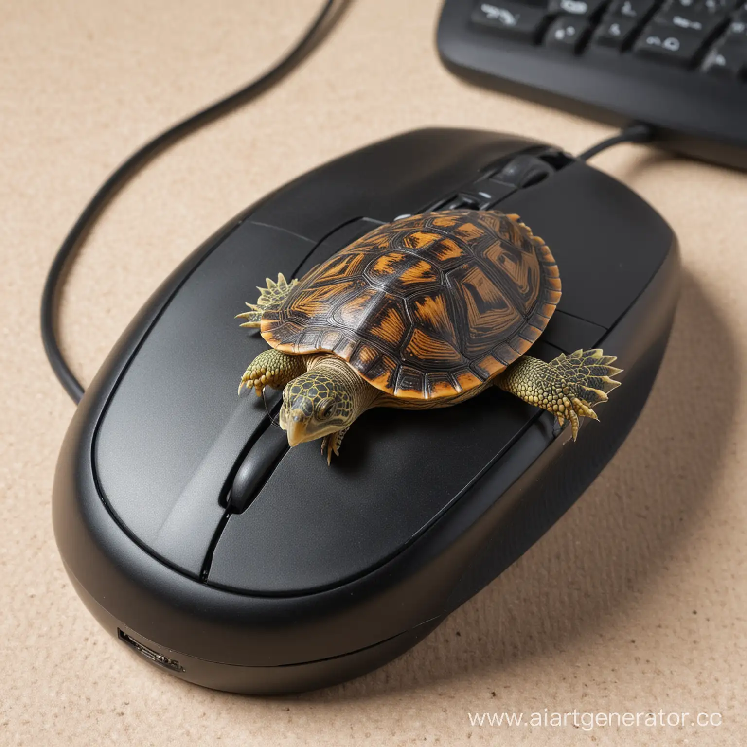 Turtle-Perched-on-Computer-Mouse-Playful-Reptile-Engages-with-Technology