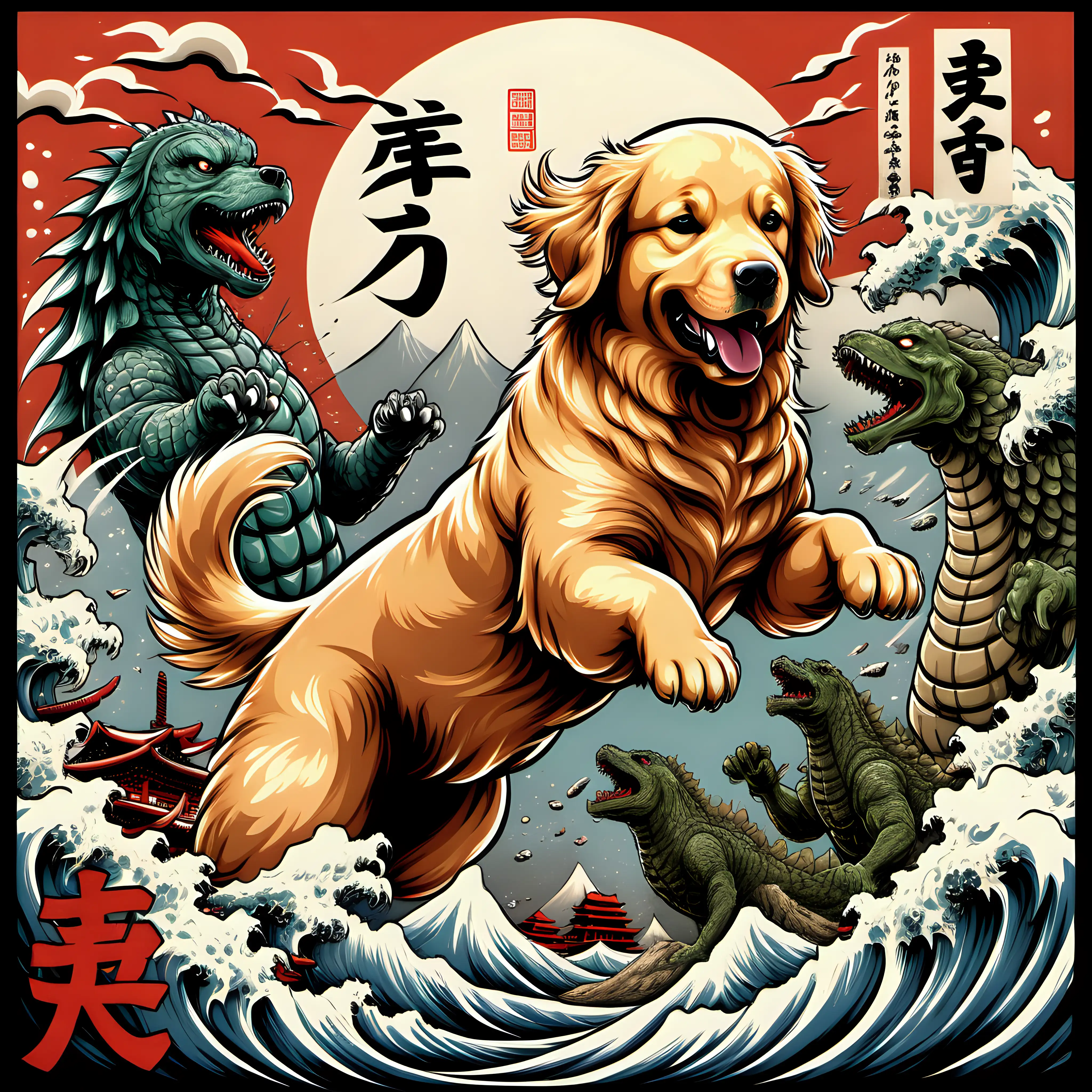 Golden retriever fighting godzilla in the  art style of an ancient Japanese motif with some Japanese writing
