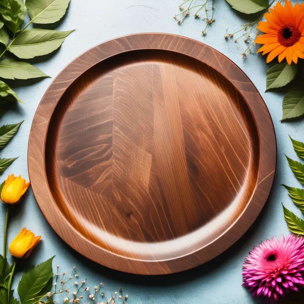 give me an image of a wooden plate on a table with flowers and leaves surrounding it, overhead view