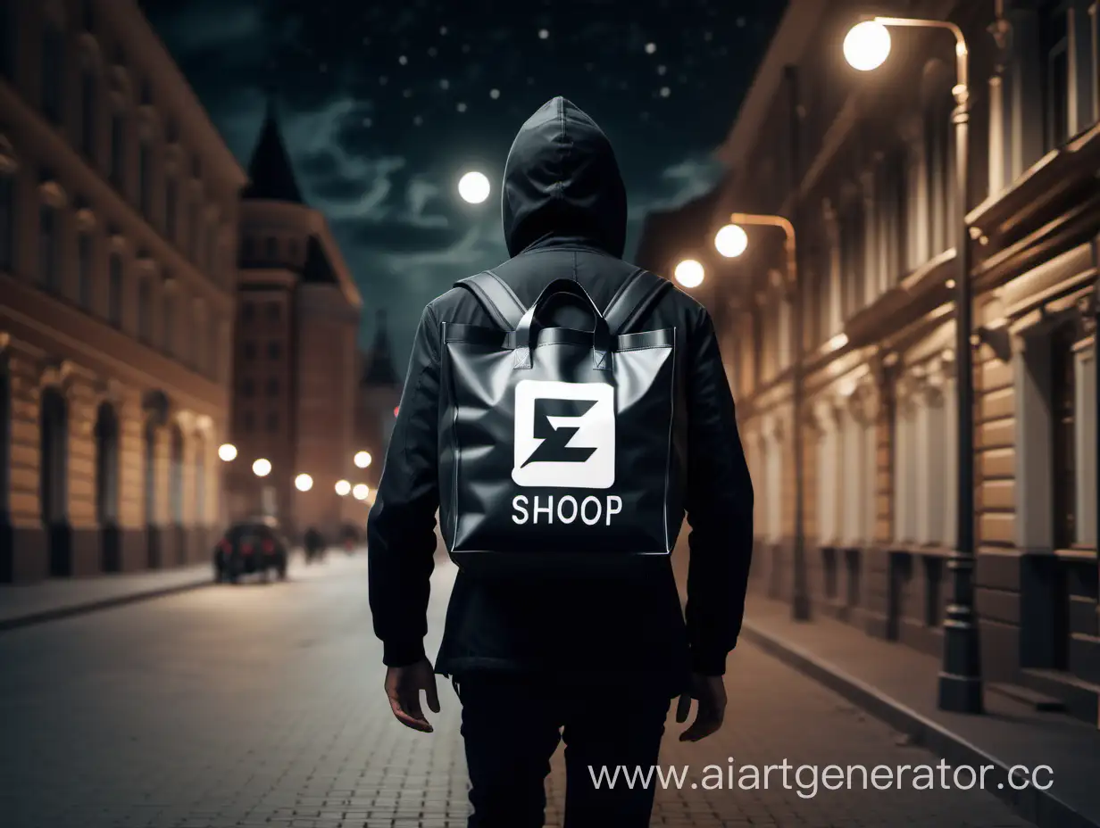 Food-Delivery-Person-Walking-Through-Realistic-Summer-Night-City-in-Russia-with-ESHOP-Logo-Thermal-Bag