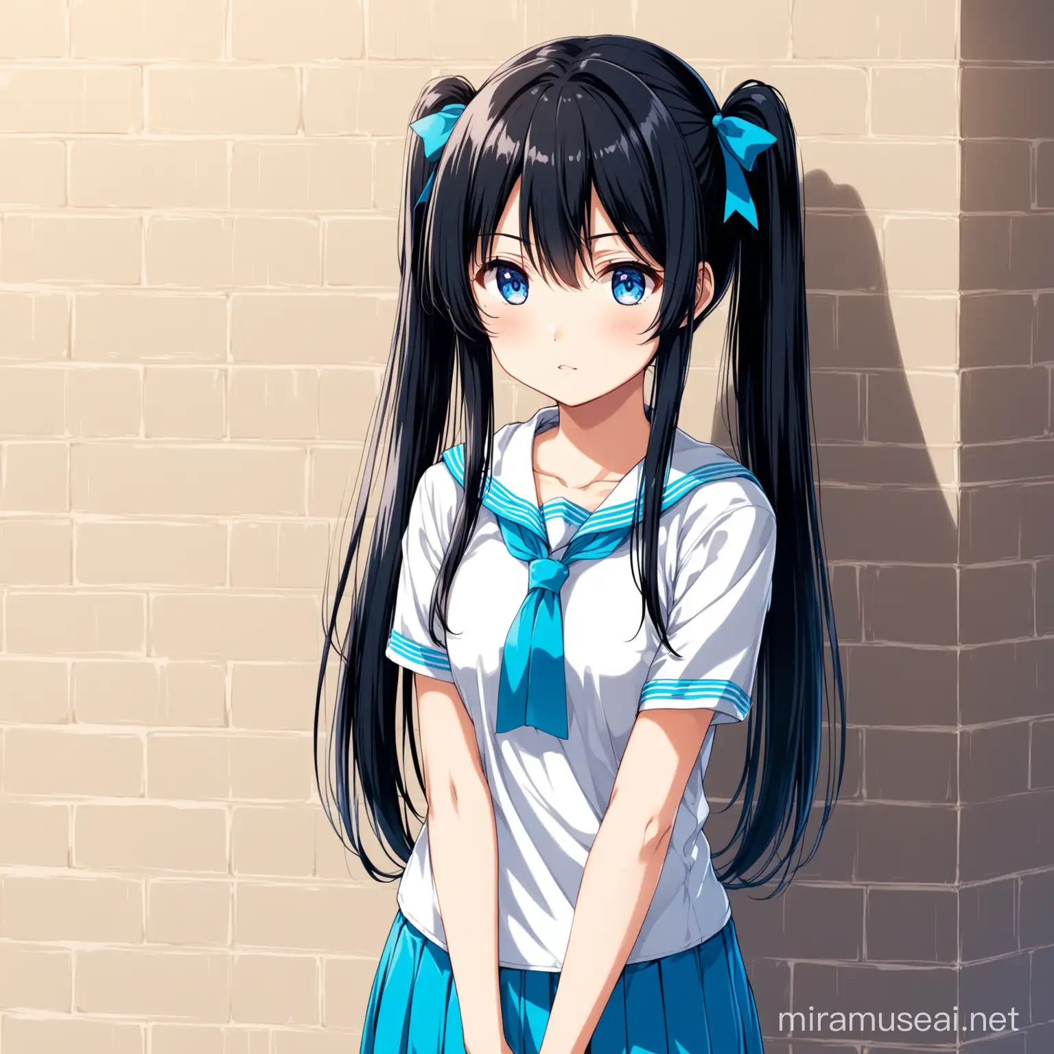 Teenage Anime Girl with Black Hair and Blue Eyes Leaning Against Wall
