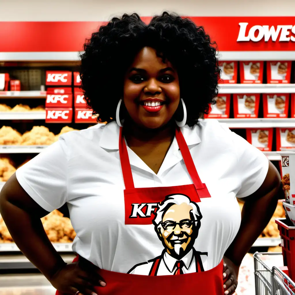 Large black woman in Lowes wearing a KFC shirt