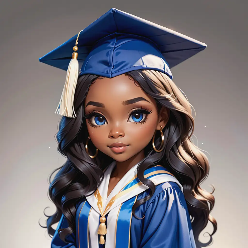 envision realistic, gorgeous, chibi style black woman, with impeccable makeup, long wavy hair, dressed in a blue cap and gown with white tassel, and graduation stole 