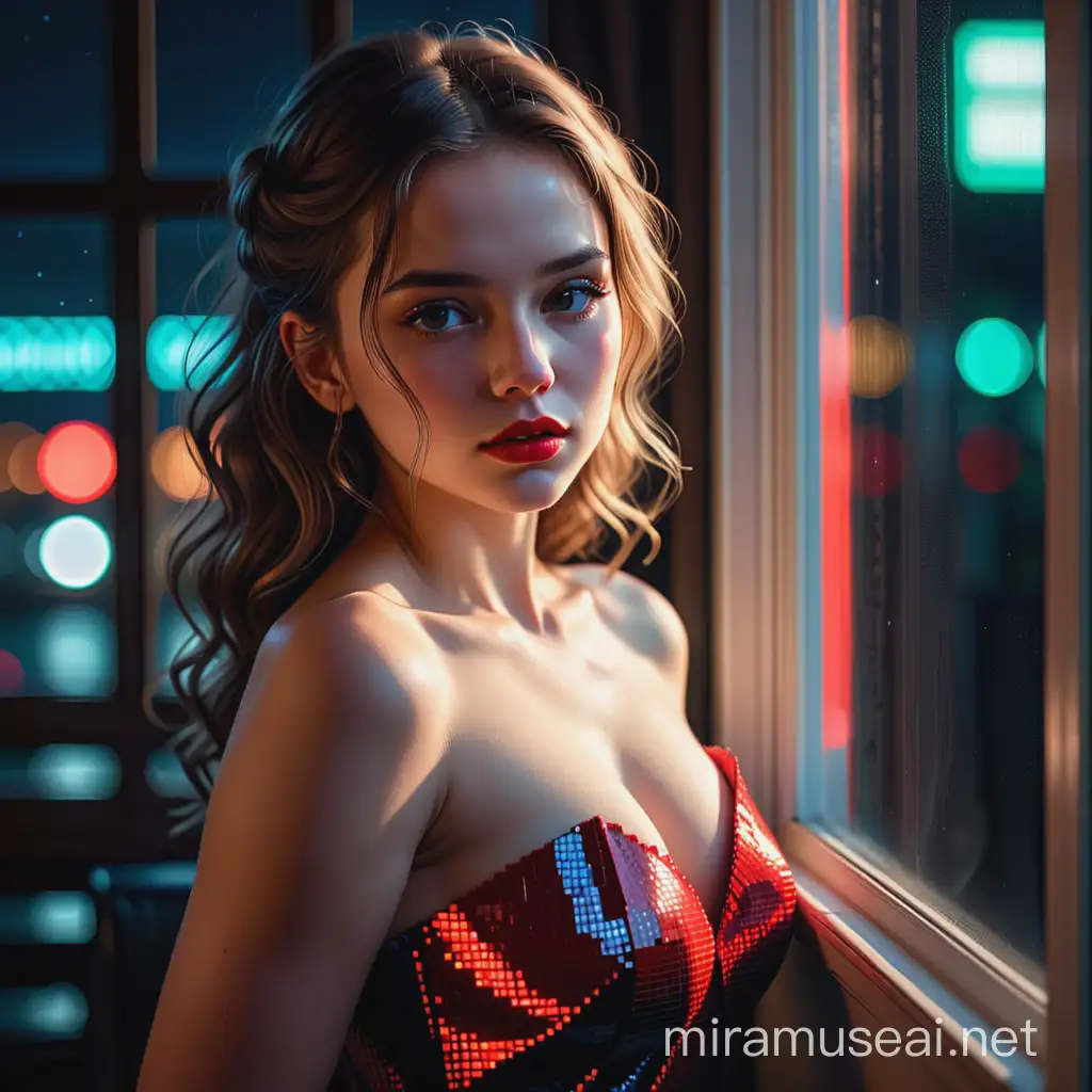 Pixel art,Aivision, neon colors, portrait of a beautiful girl with a dramatic expression holding , full red lips, she is wearing  dress Exposed back , she looks out the window anxiously , dramatic atmosphere , dark and gloomy environment , image realistic , Extremely detailed , intricate , beautiful , fantastic view , elegant , crispy quality Federico Bebber's expressive , neon lighting 