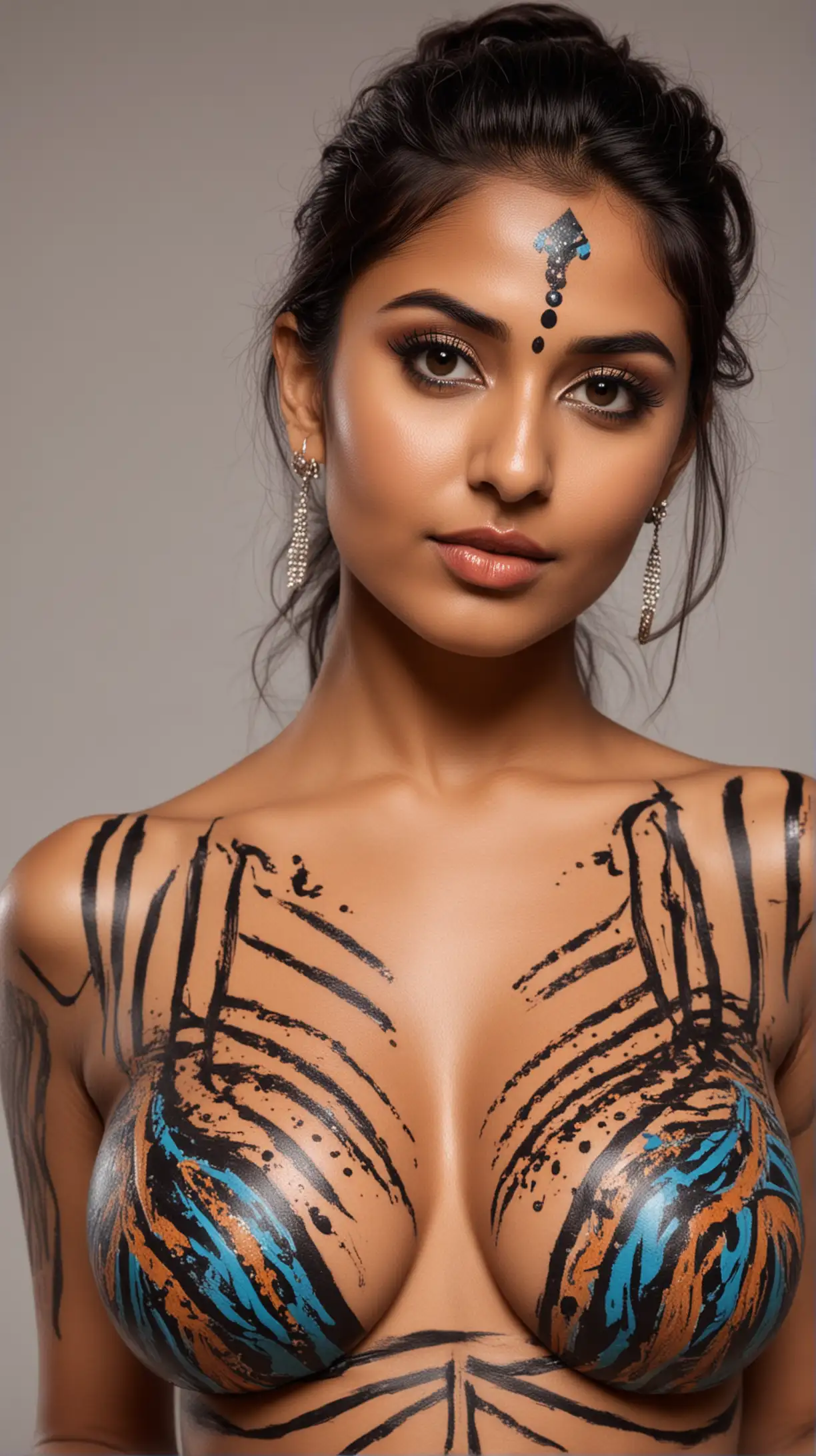 Pretty 24 year old Indian woman with cleavage and a body paint at a photoshoot. Posing. Closeup. 
