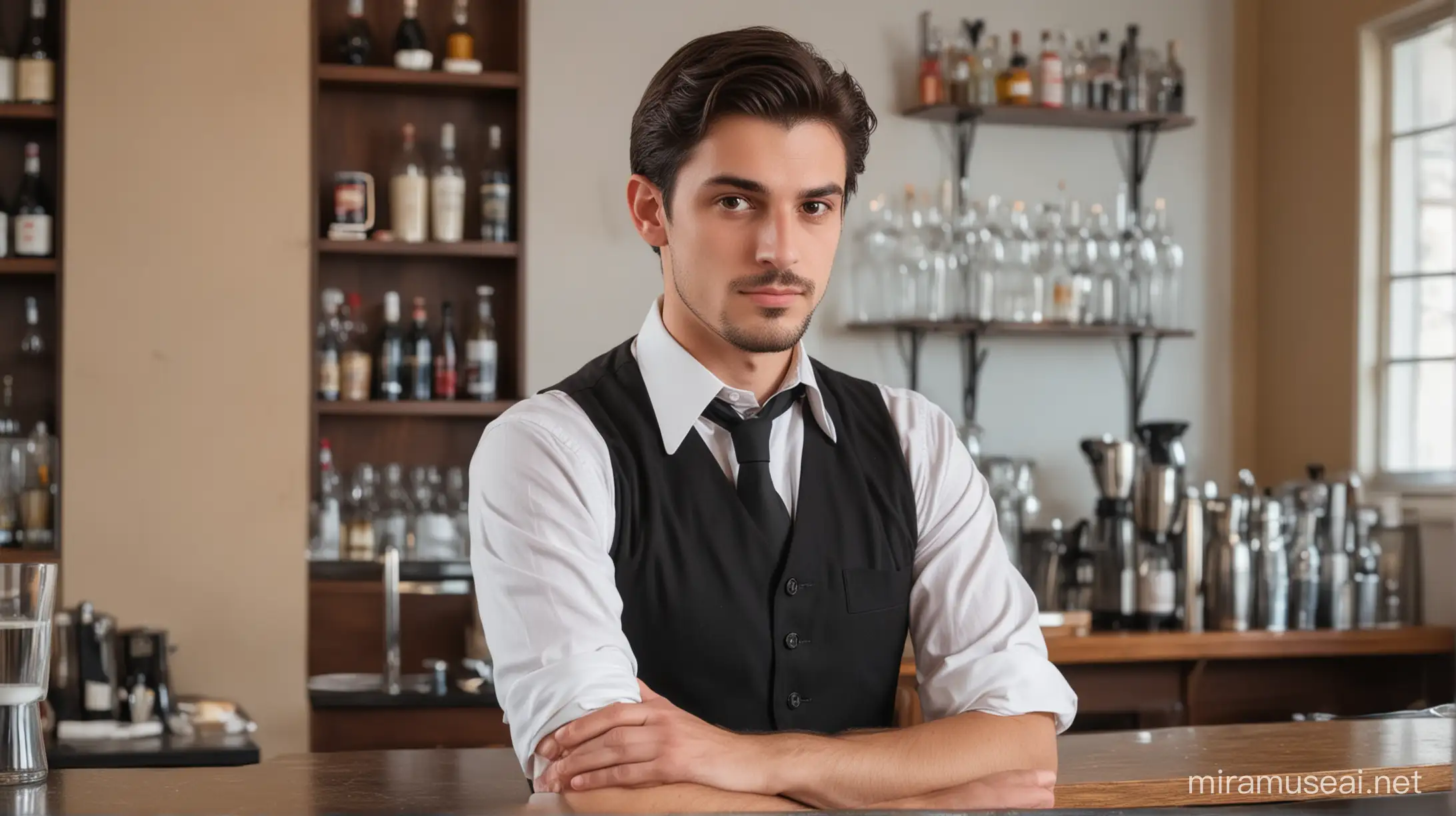Bored Waiter Standing Behind Caf Bar Counter
