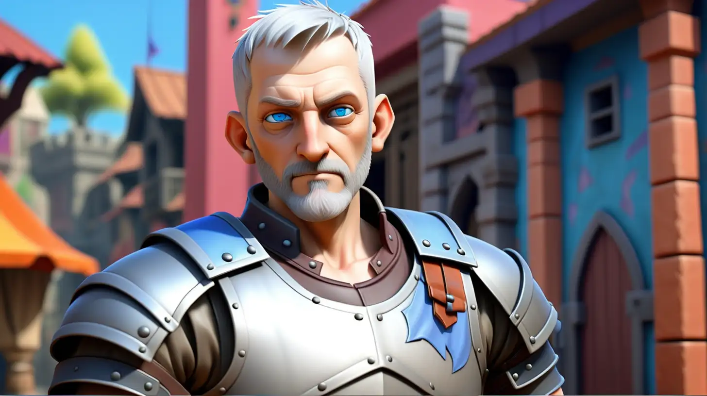 white, younger looking, middle aged man with very short grey hair and a very short grey beard, blue eyes, with no other people in the image, wearing leather armor with no sleeves, from the waist up, set in a colorful MMO video game background