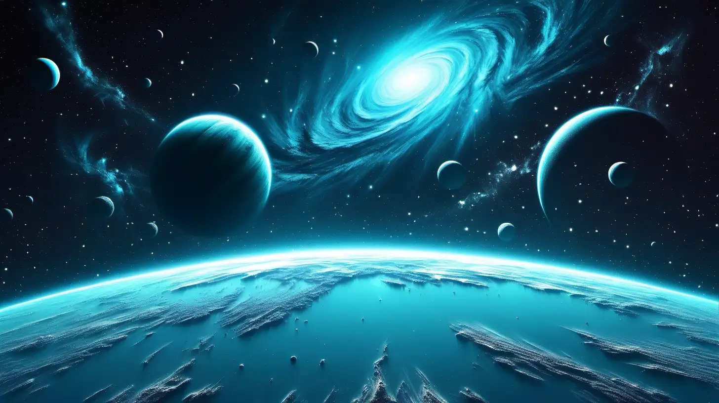 Make me a profile picture using the color cyan with a space or universe theme. Landscape. 