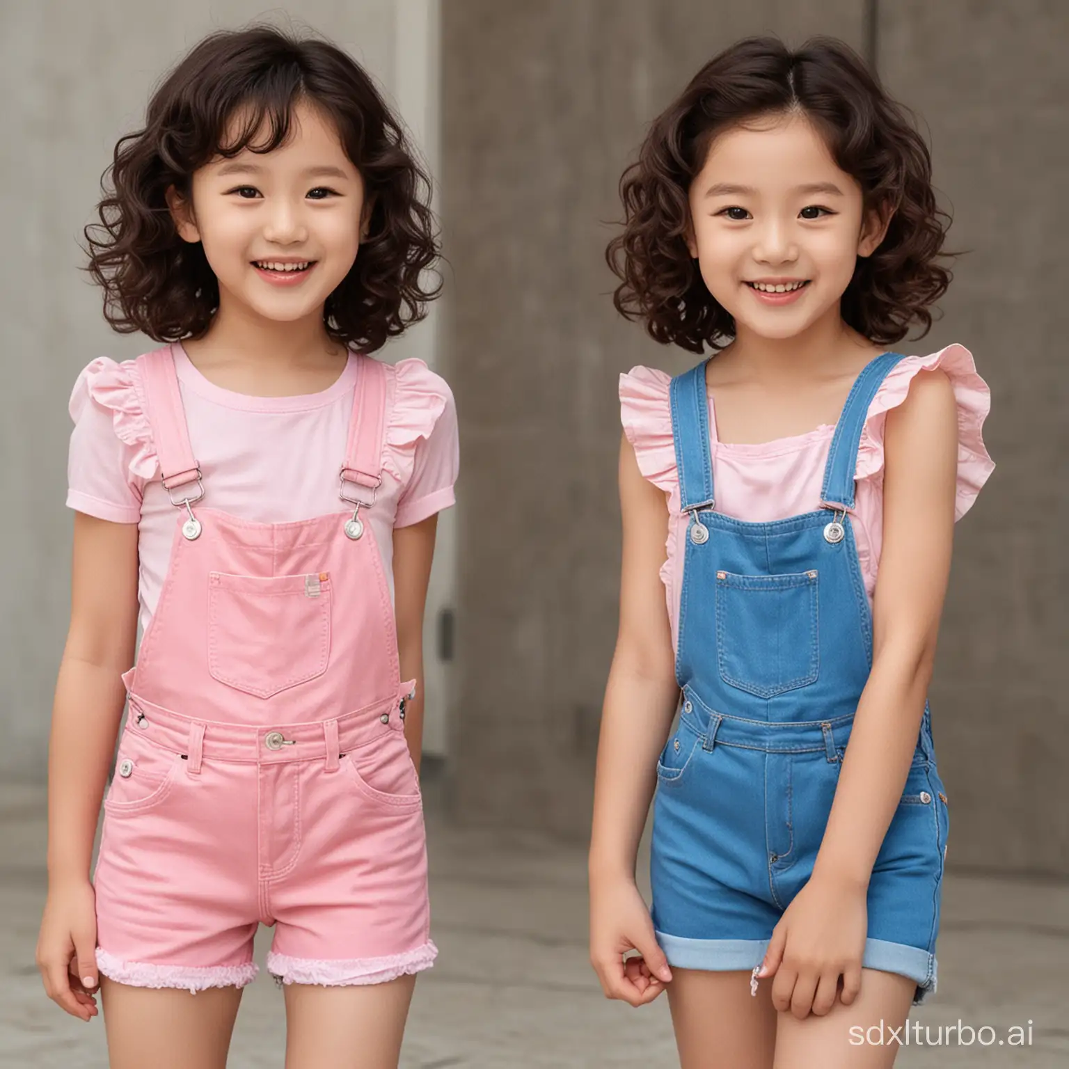 2 beautiful little girls happy and smile, with Jun Ji-hyun face, wearing blue color Bib short jeans. jeans, with short curly hair, another little girl with Jisoo face, short curly hair, wearing pink color Bib short jeans, they talk to each other