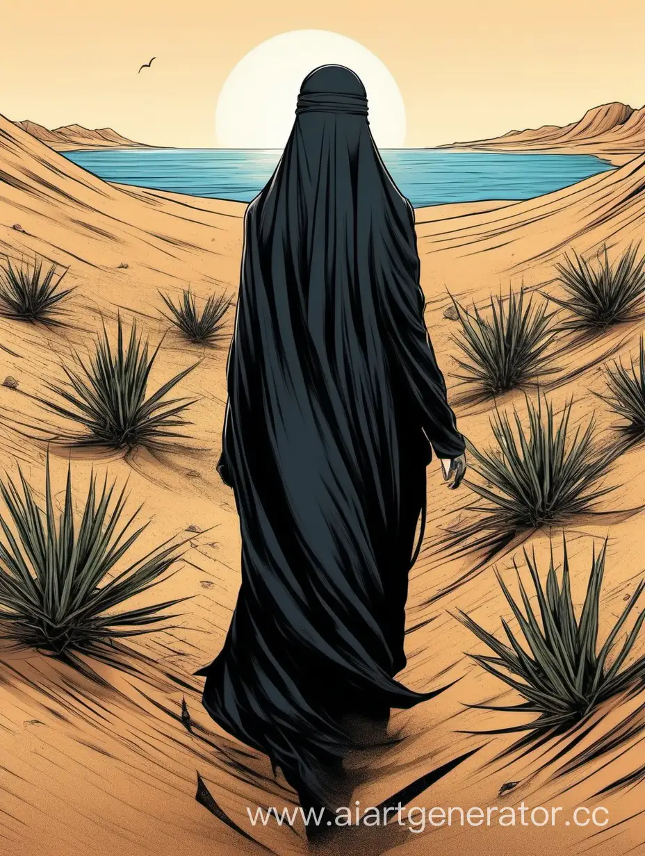 Девушка в никабе с ракурса сзади,  в пустыне с колючками и океаном