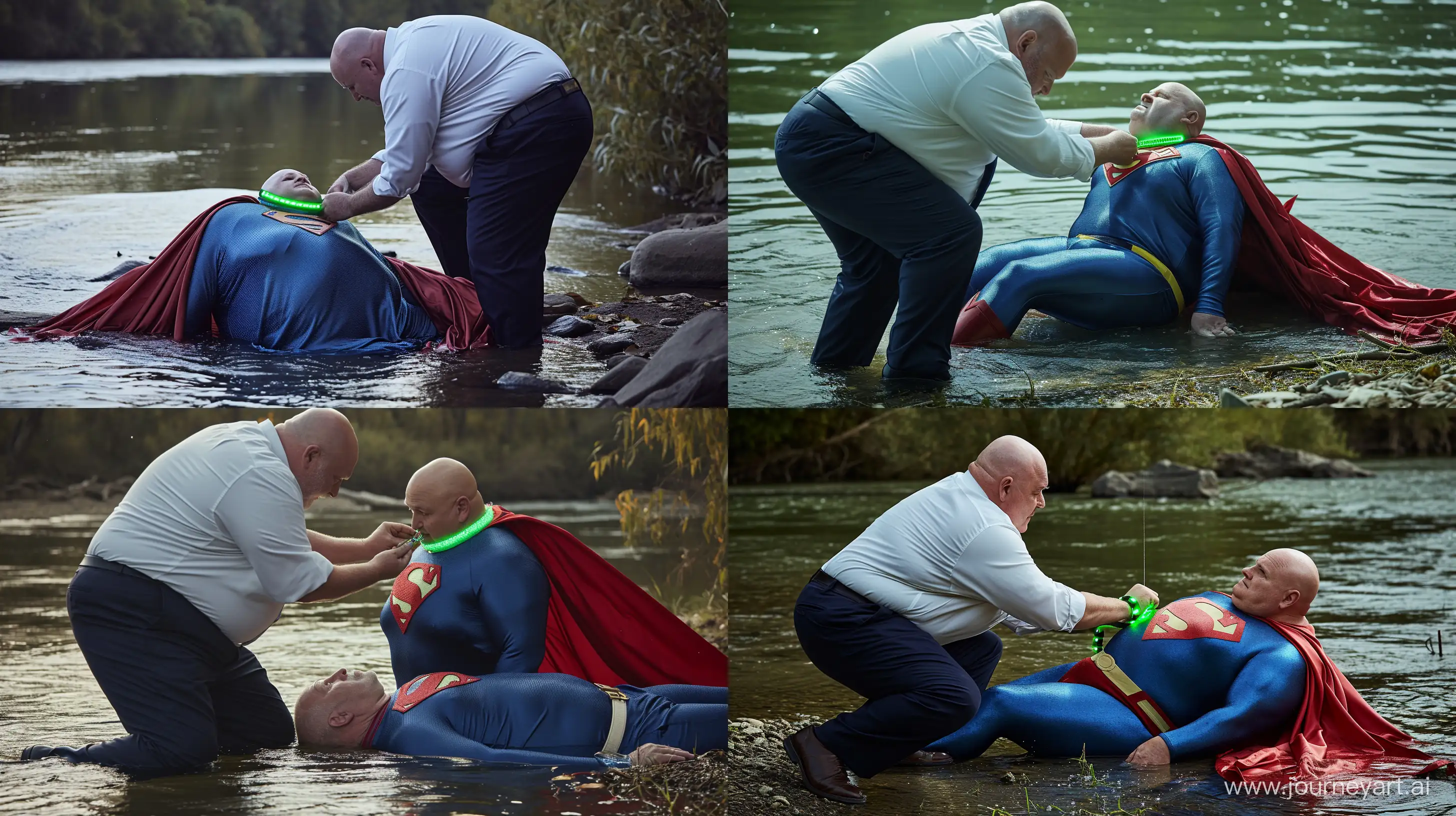 Back view close-up photo of a chubby man aged 60 wearing navy business pants and a white shirt, kneeling and tightening a green glowing small short dog collar on the neck of another chubby man aged 60 lying in the water and wearing a tight blue silky superman costume with a large red cape. River Outside. Natural light. Bald. Clean Shaven. --style raw --ar 16:9 --v 6