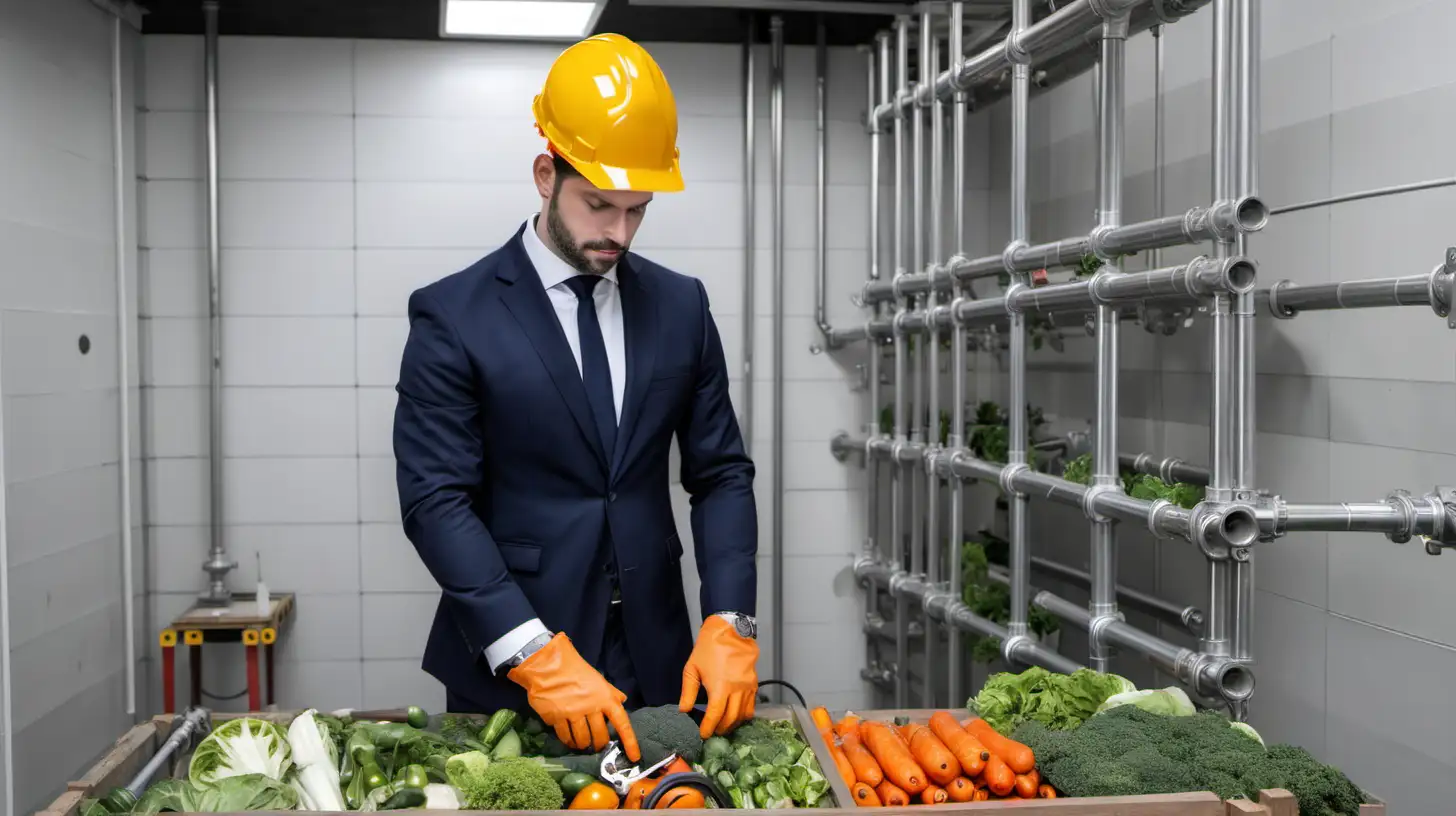 Scandinavian Engineer in Technical Room with Measuring Equipment and Vegetables