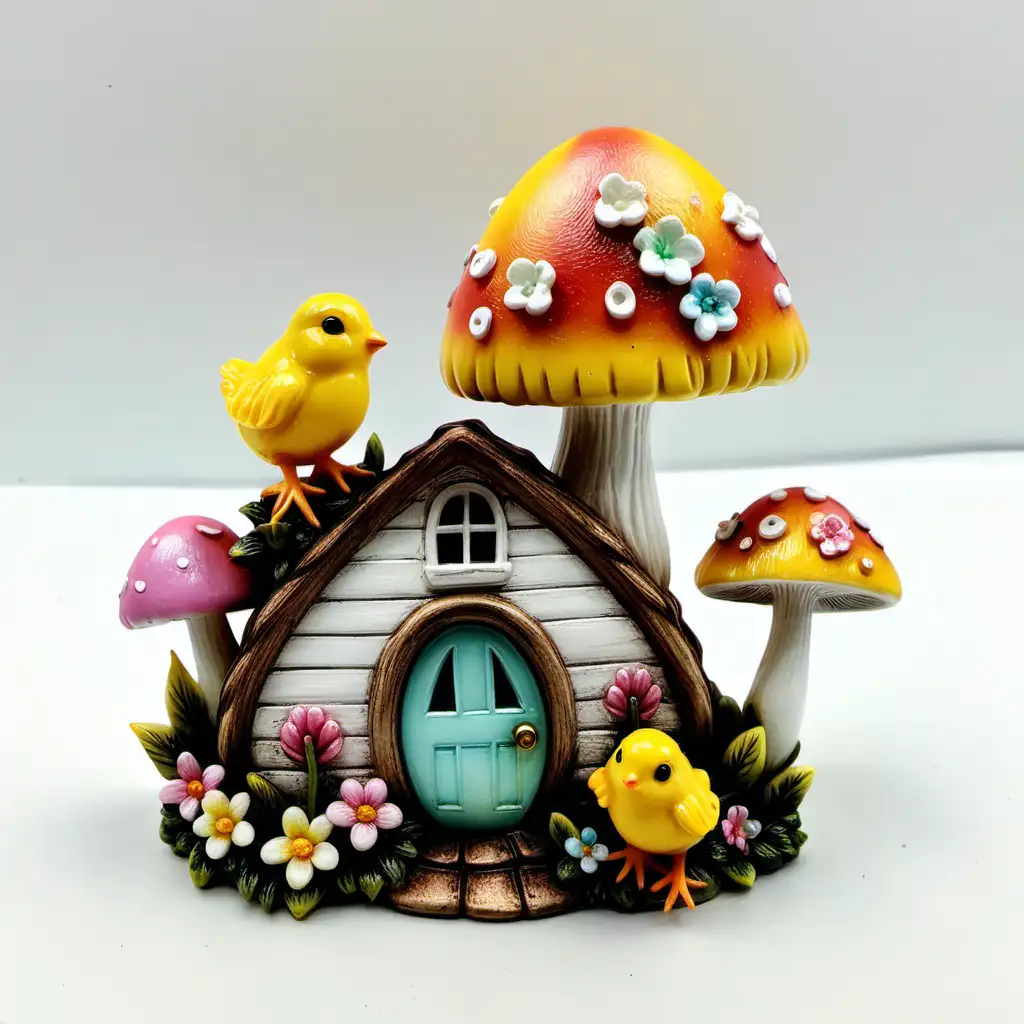Whimsical Easter Resin Mushroom House with Bunny and Chick Embellishments on White Background