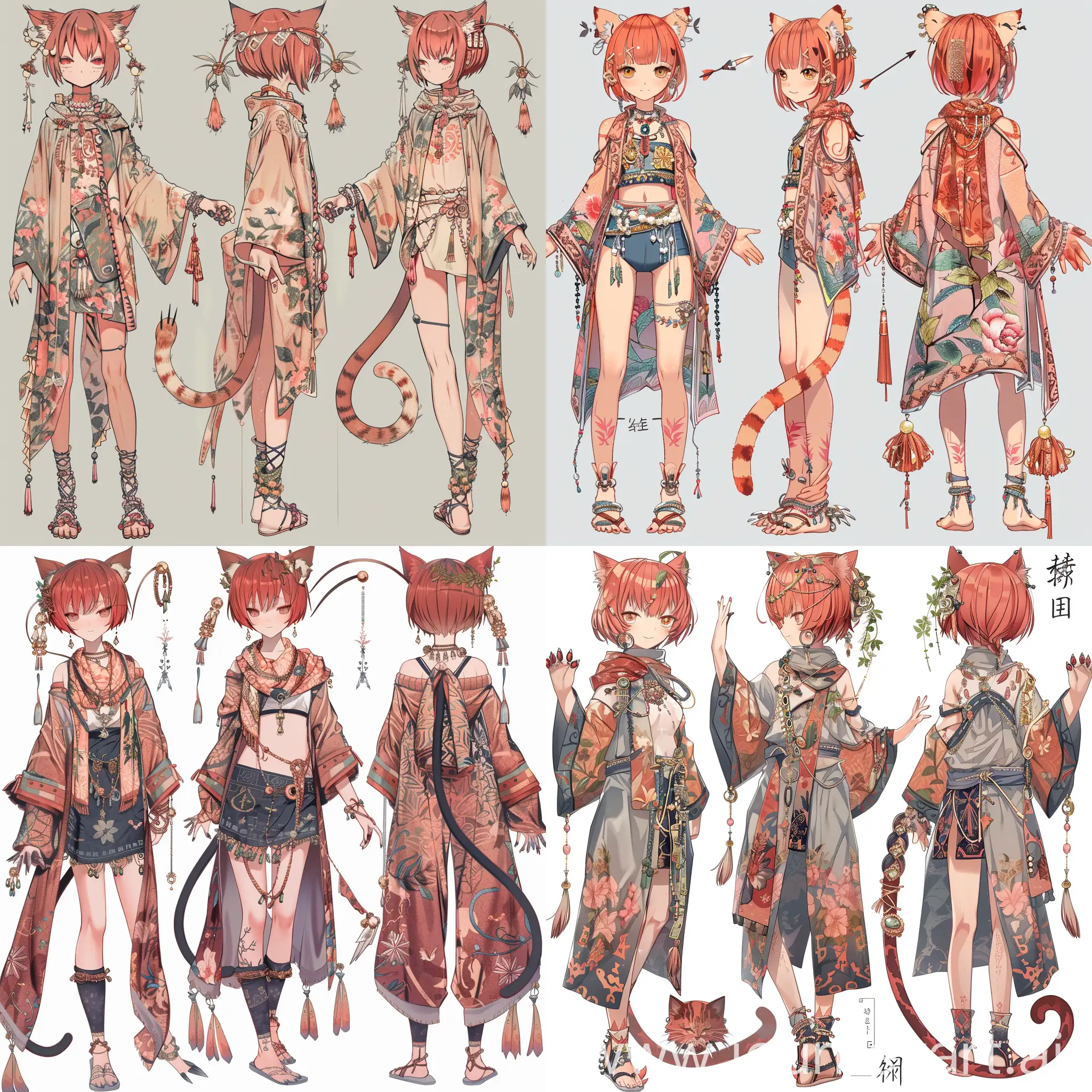 girl in anime style, with short hair, arrow haircut, crimson hair, oriental baggy clothes, herbarium on clothes, scarf with peach patterns, a lot of jewelry on long ears, long tail with a tassel and rings on the tail, legs, cat paws, claws on the hands, Multiple views, full height.
