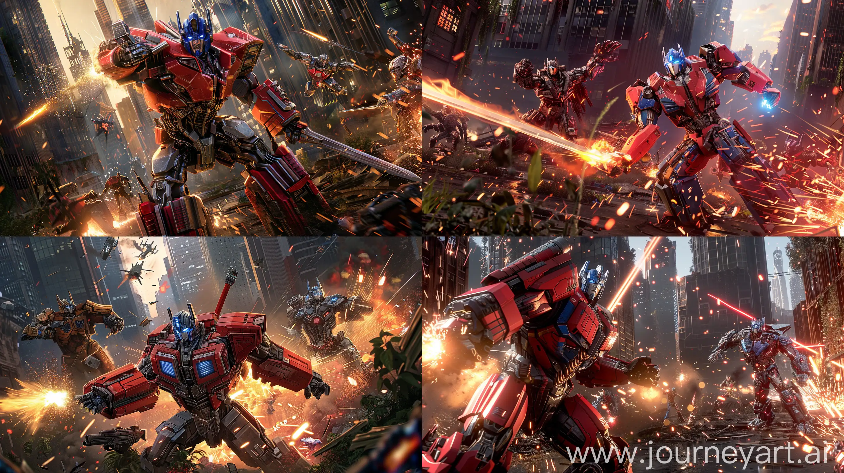 In the heart of an urban jungle, surrounded by ruined skyscrapers and streets overrun with vegetation, Autobots and Decepticons fiercely battle it out. In the background, Maximals are seen collaborating with Autobots, utilizing their unique abilities to fight against the incoming Predacons and Terrorcons. In the foreground, illuminated by sparks and explosions, Optimus Prime delivers a blow to Megatron with his iconic sword, while shots and explosions fly through the air. The scene is imbued with drama and action tension, dominated by shades of red and orange, lighting accentuating the metallic strength and prowess of the characters. --ar 16:9 --style raw --v 6.0