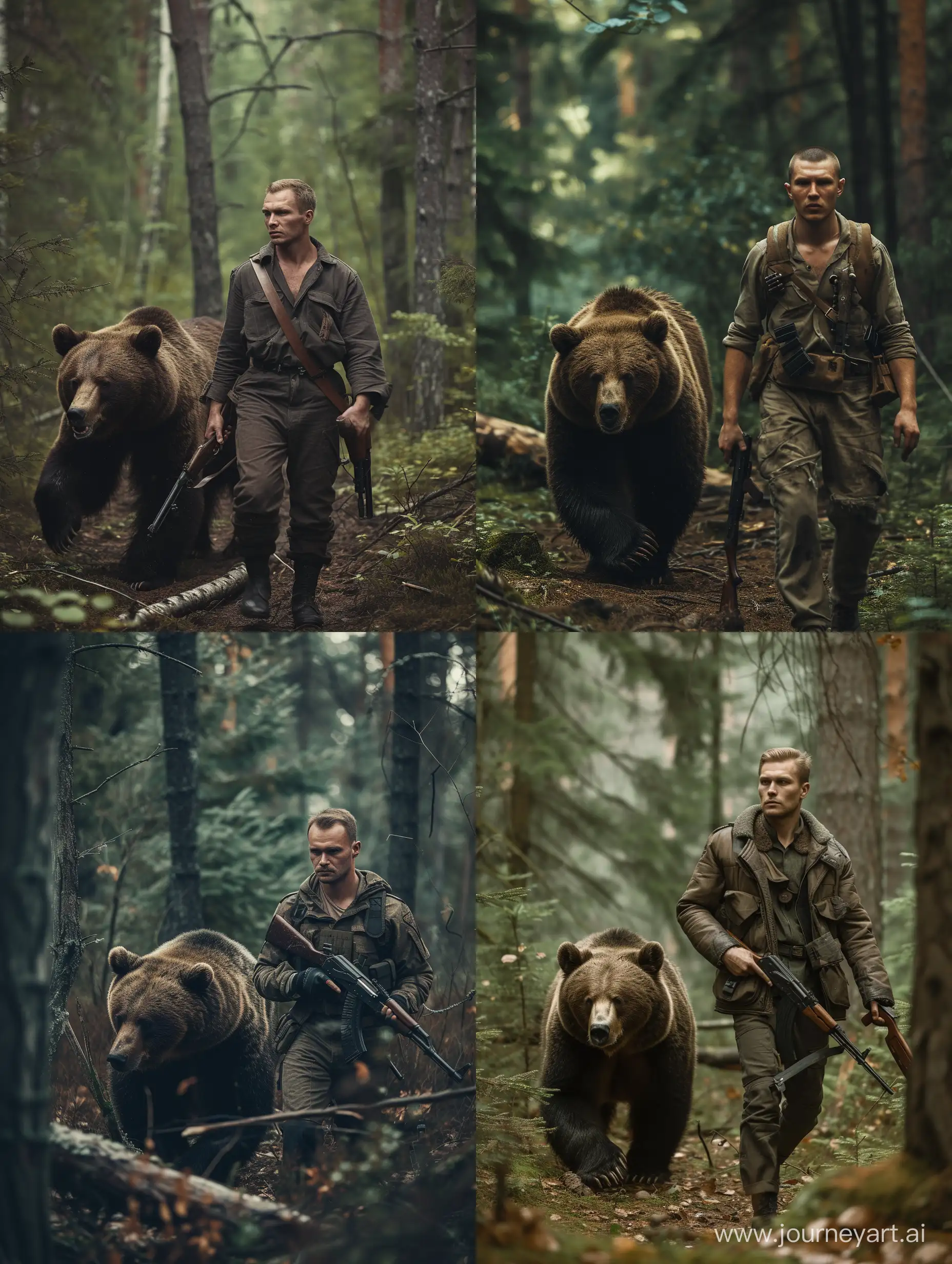 A thin Russian male hunter walks through the forest with a gun next to a bear, his face is open and looking straight, Canon EOS 6D Mark II, ISO100, 40mm, f/4,5, 2,0c