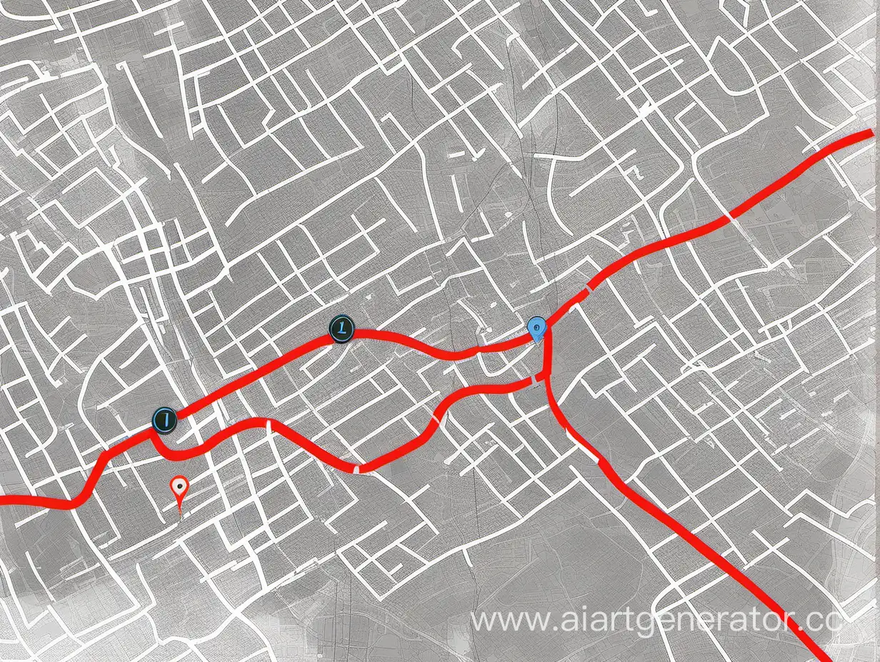 Абстрактное изображение с выделенным маршрутом на электронных картах с множествам меток по этому маршруту