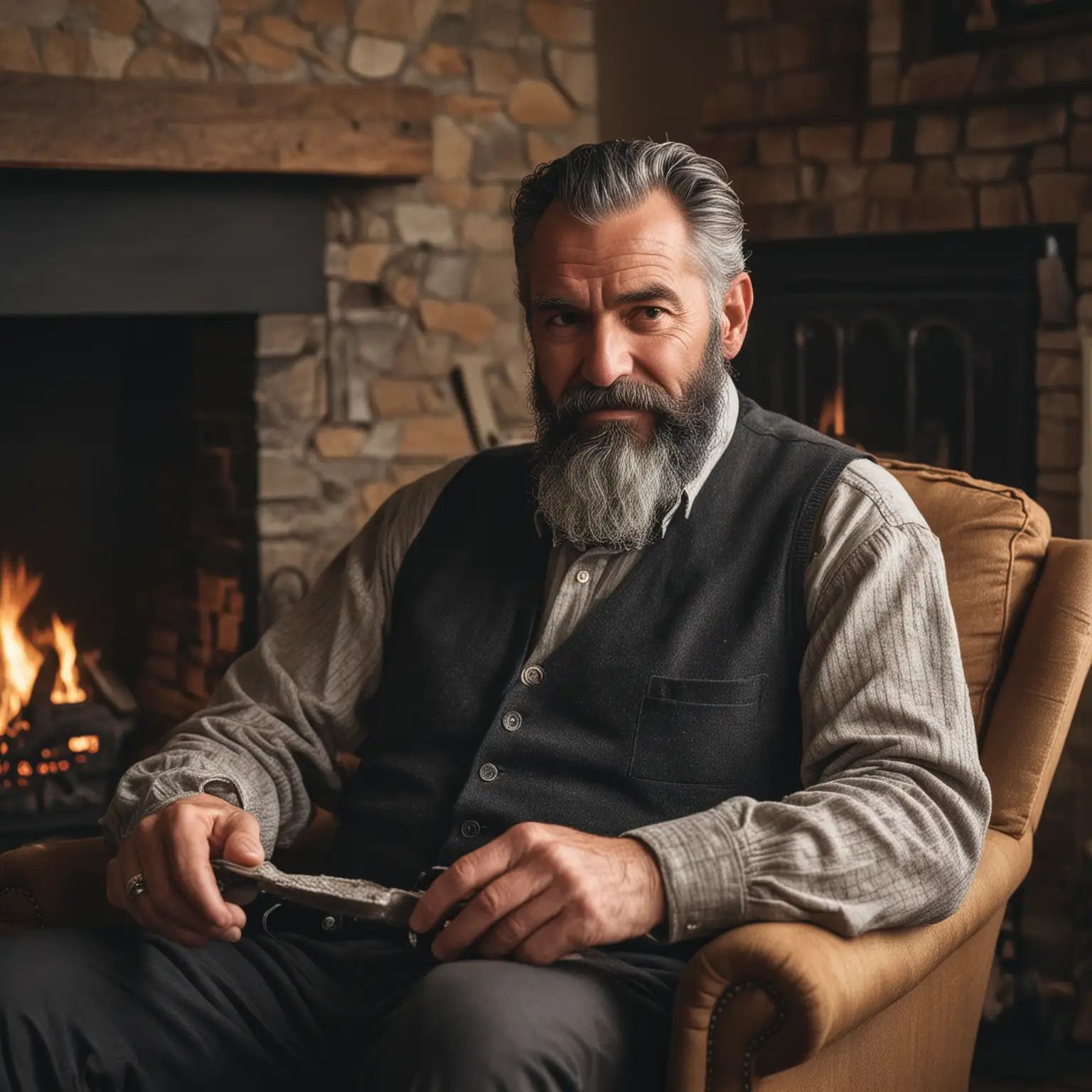 starszy Pan koło 50 lat z siwo czarną brodą buja się na fotelu przy kominku
