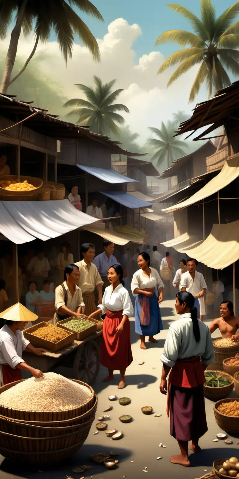  design an illustrative scene depicting a bustling pre-colonial Filipino marketplace before the arrival of the Spanish. Capture the essence of the barter system that was prevalent during this time. Show Filipinos engage in exchanging goods such as rice, gold and  other products with naighboring Asian cultures  like Chinese, Indian, and other Arab traders.  Highlight the diversity of the goods that being traded and the cultural interactions between the Filipino people and their neighboring trading partners. Use vibrant colors, traditional clothing and authentic cultural elements to bring historical scene to life.