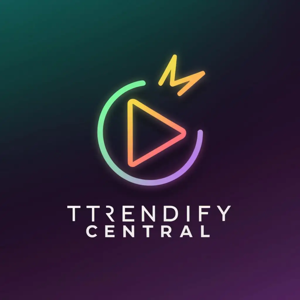 a logo design,with the text "Trendify Central", main symbol:A sleek, neon-infused play button morphing into an upward arrow, symbolizing the channel's focus on elevating trending topics.,complex,be used in Entertainment industry,clear background
