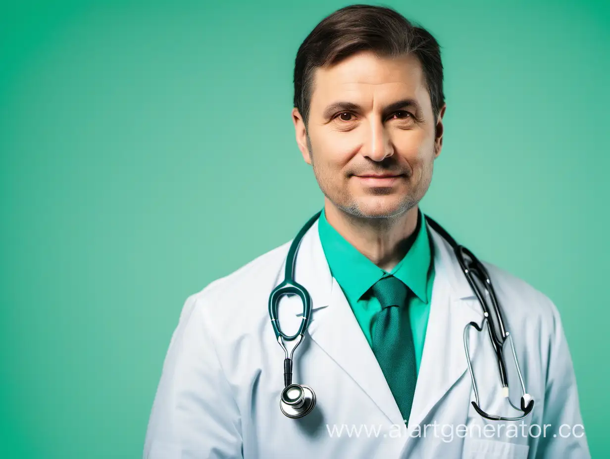 Изображение врача в белом халате и со стетоскопом, который находится справа от центра, на бирюзовом, больше бледно-зеленом фоне