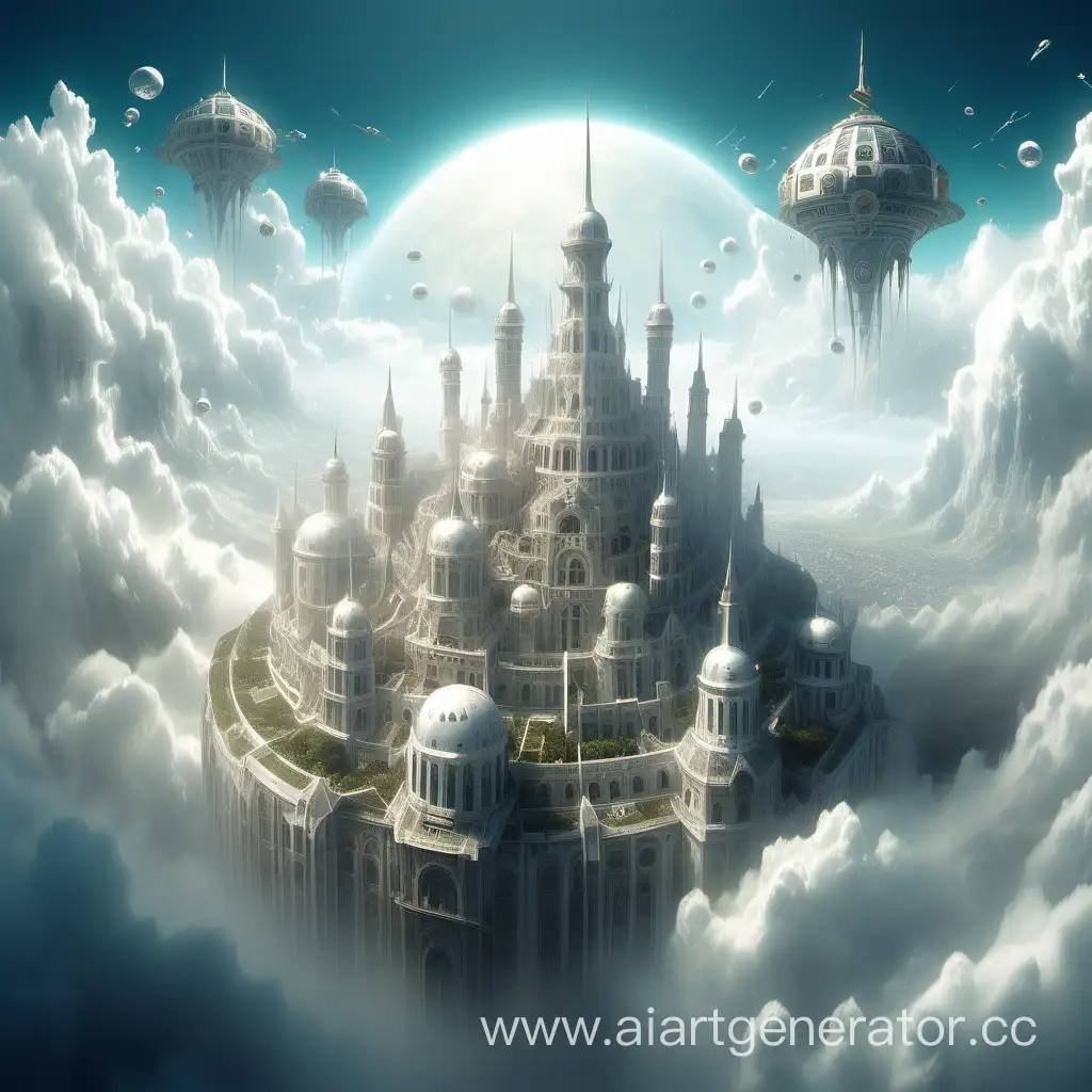 A thriving white city with turrets in the clouds, soaring above the earth, a fantasy world