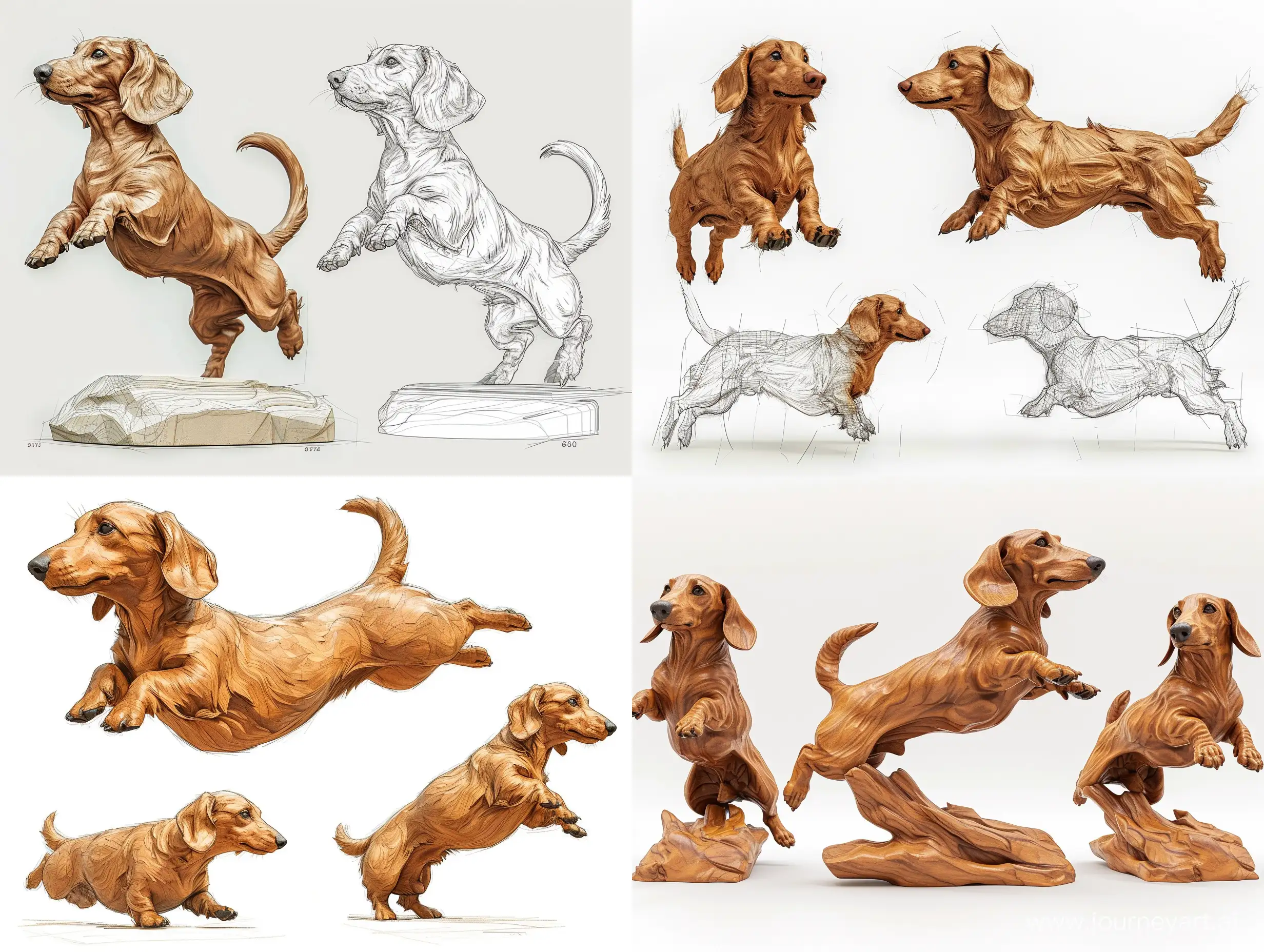Dynamic-Dachshund-Wooden-Sculpture-Realistic-8k-Render-in-Front-Back-and-Side-Views