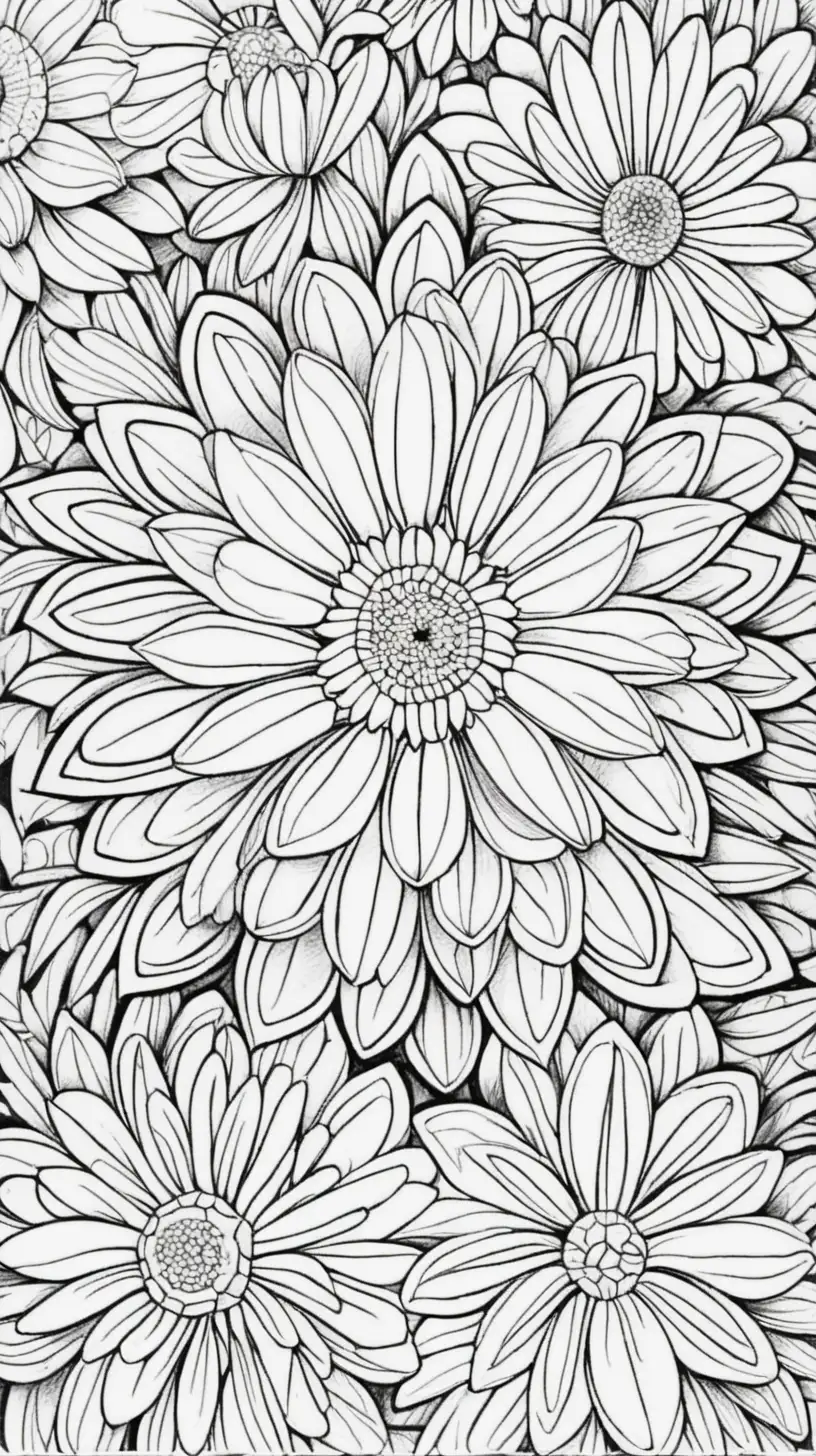 coloring book image, thin black lines, patterned floral mandala pattern, daisy
