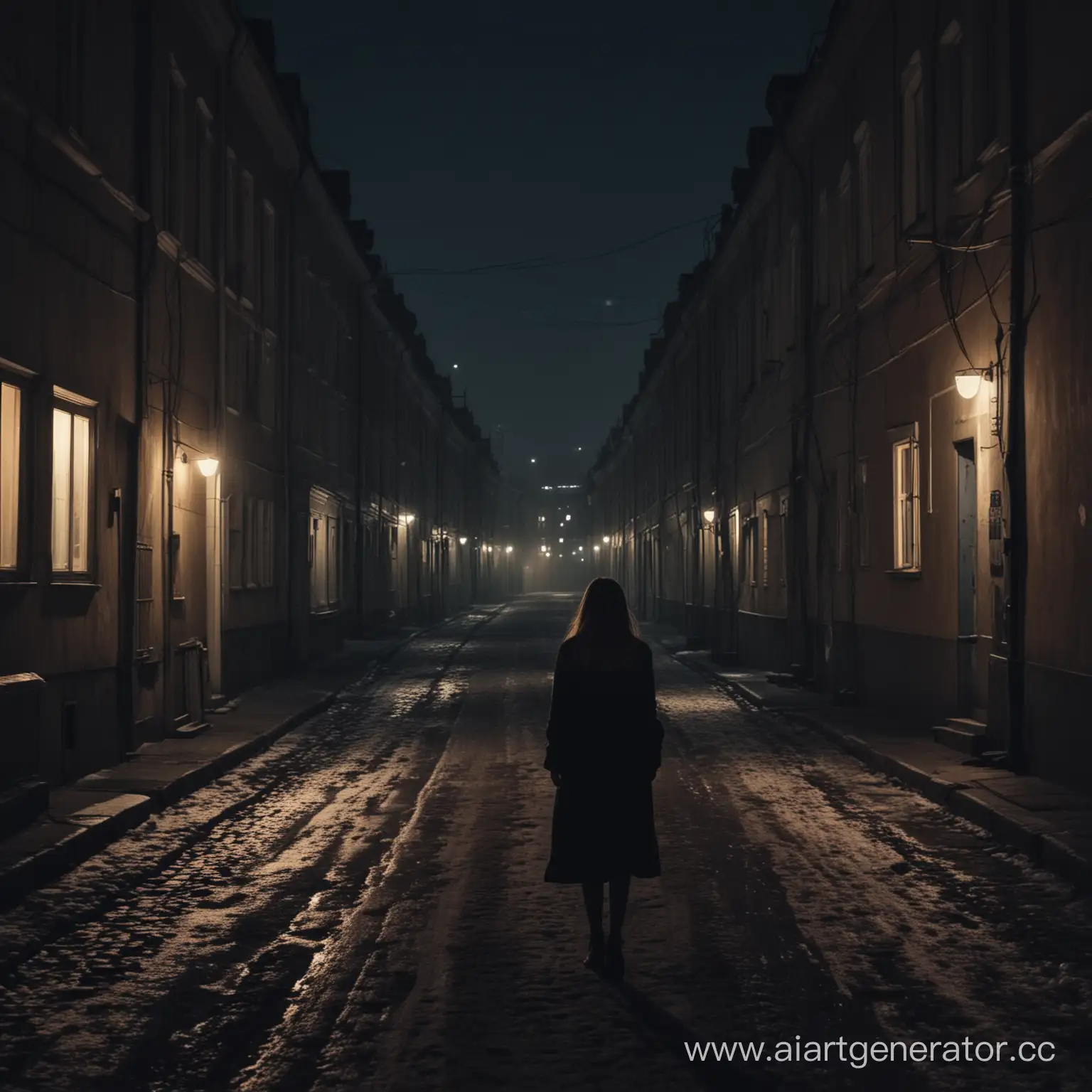 Silhouette-of-Girl-Walking-Amid-Nighttime-Cityscape-in-Russia