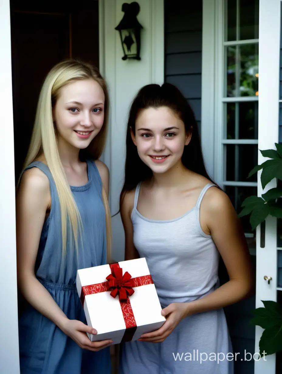 This is a real photo taken while visiting a friend's house. The photo shows a young American lady and her friend. They are all white Americans. The young lady came to visit her friend's house. The friend's house was very luxurious. The lady gave the owner a gift box at the door of the house. The whole picture presents a warm scene. Caucasian