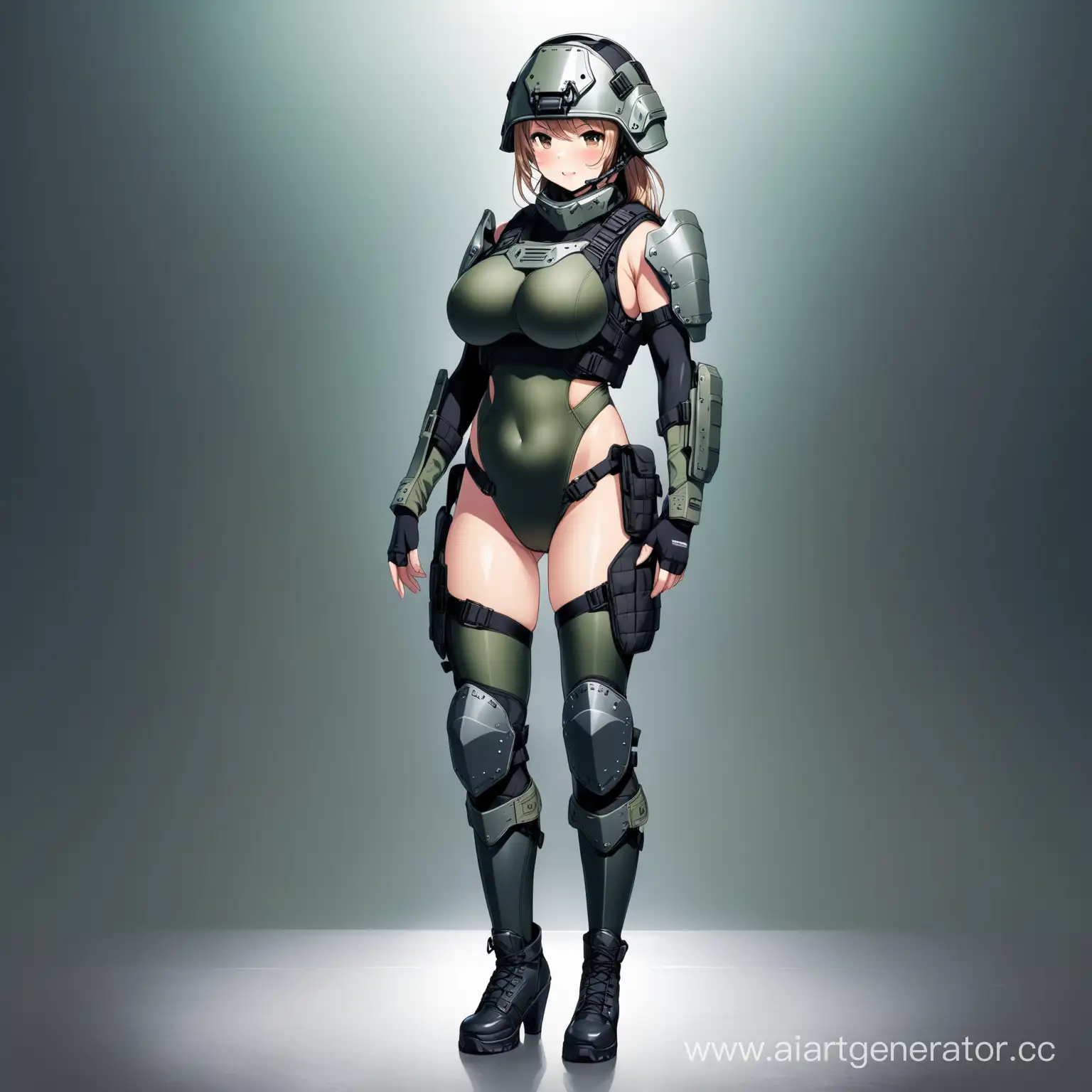 Military girl, big breasts, Army tactical swimsuit with sleeves, armored plated vest, Protective helmet with tactical interface function, thigh-high stockings, tactical kneepads, Military heeled boots, full length photo
