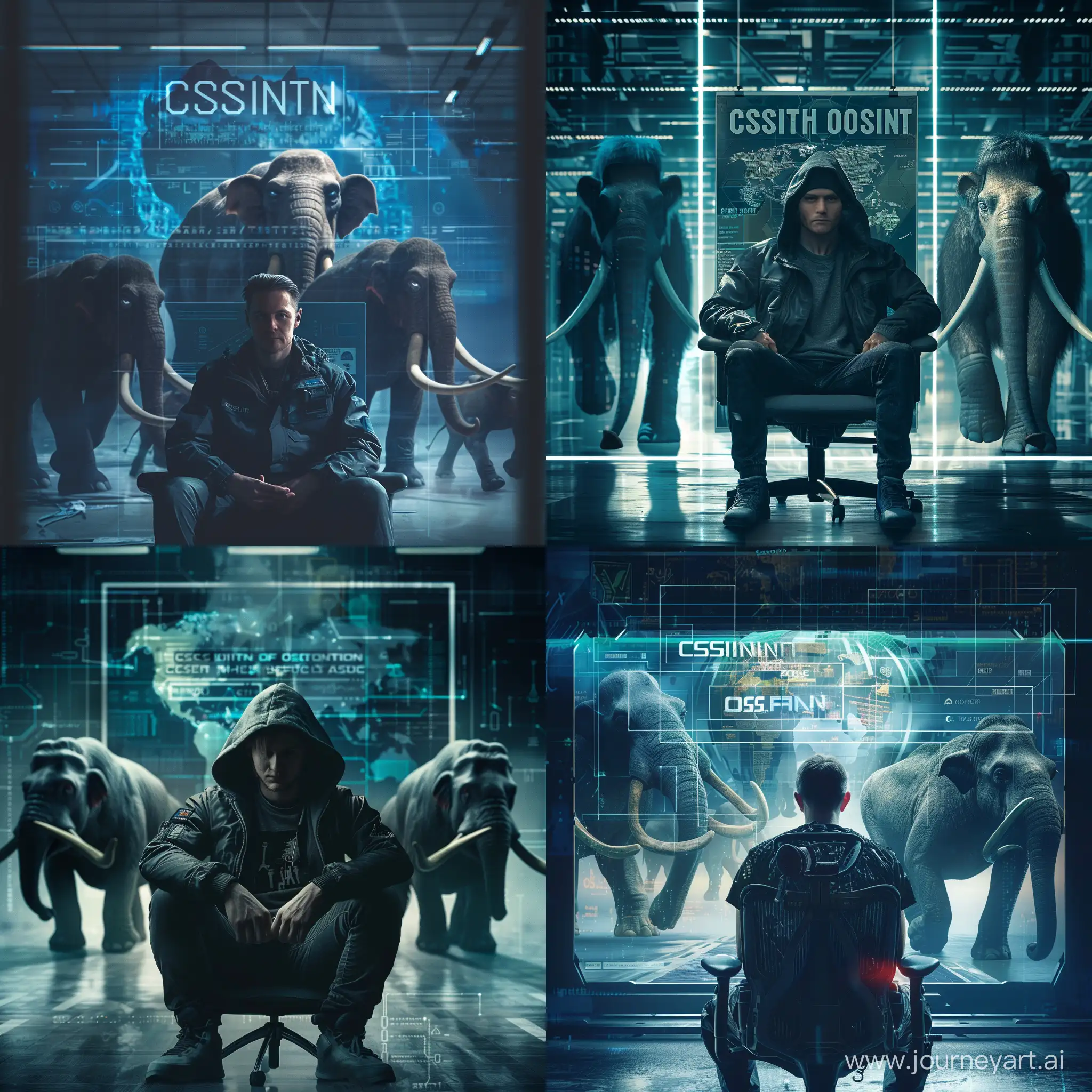 Cyberpunk-Hacker-Surrounded-by-Mammoths-with-CSINT-and-OSINT-Posters