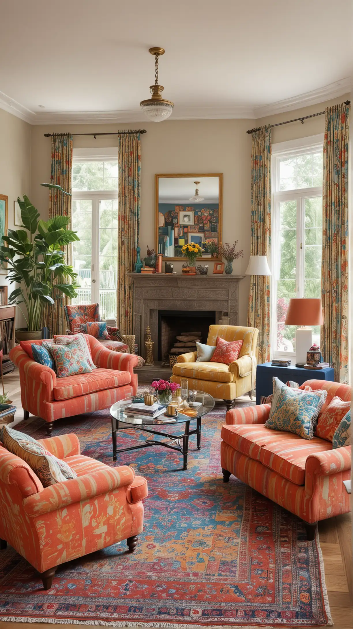 A vibrant living room featuring sofas and chairs adorned with decorative throws in various patterns and colors, adding an eclectic touch.