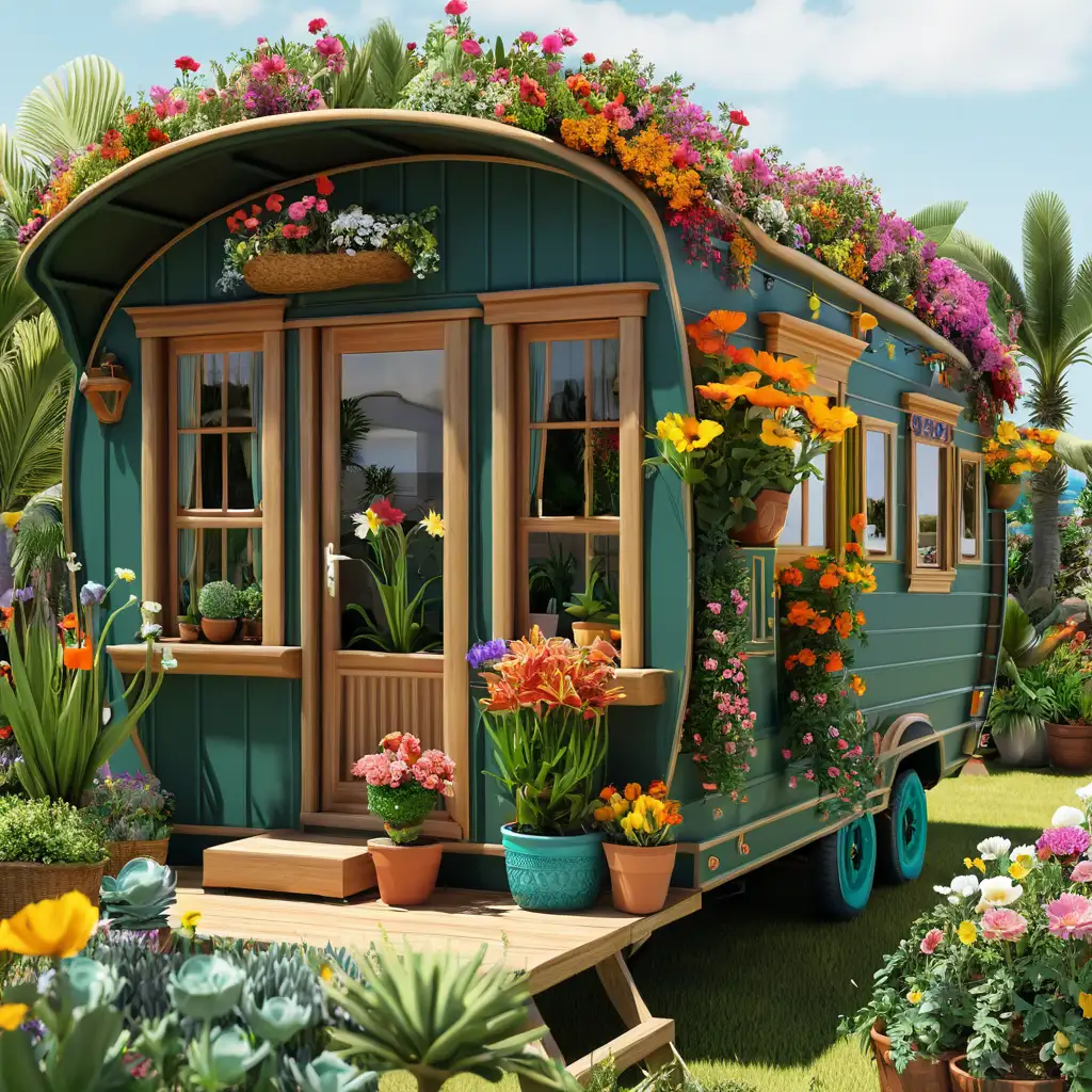 Beautiful gypsy style house caravan, vibrant variant flowers, potted plants, garden, sunny sky, sea on the side. ultra detailed, realistic,