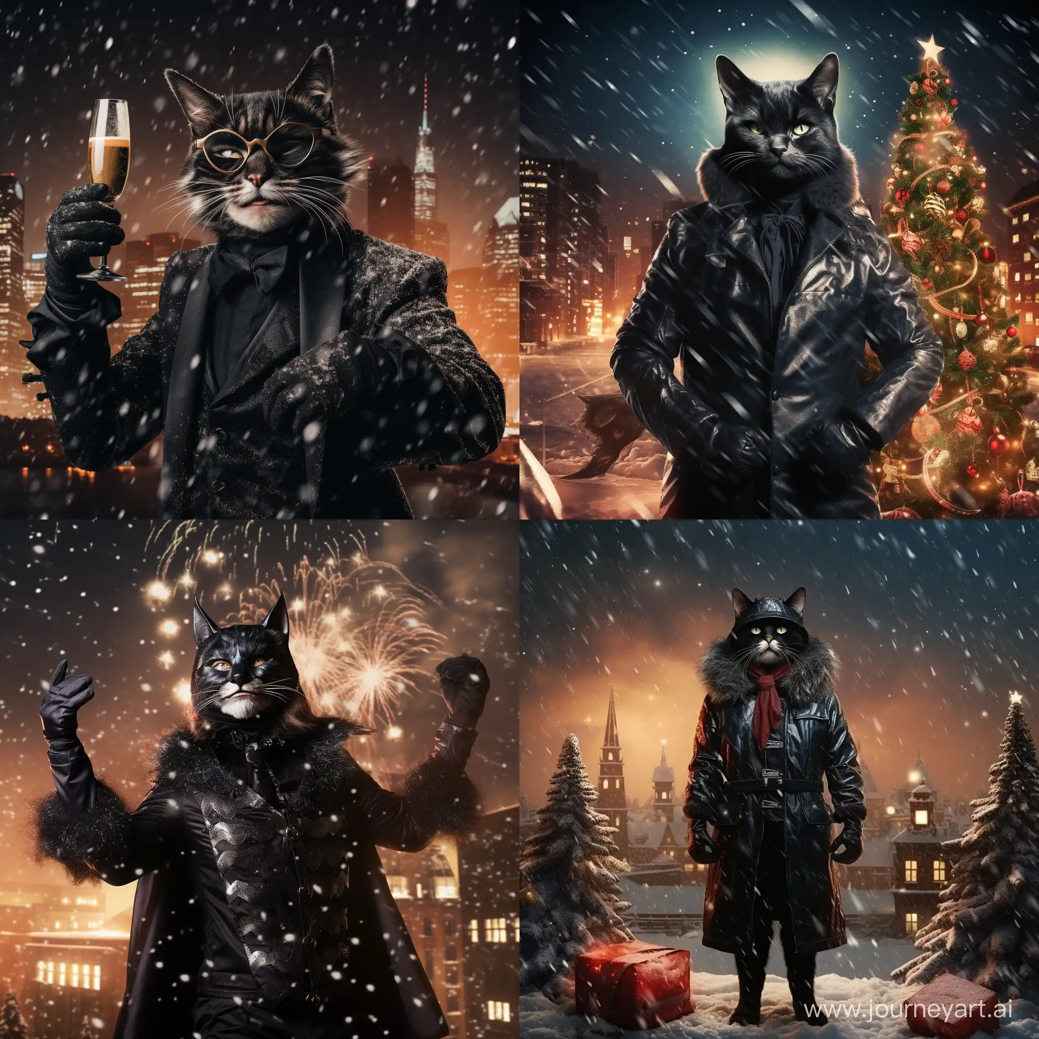 Catman-Celebrates-New-Year-Amidst-Festive-Fireworks-and-Snow-with-Christmas-Tree