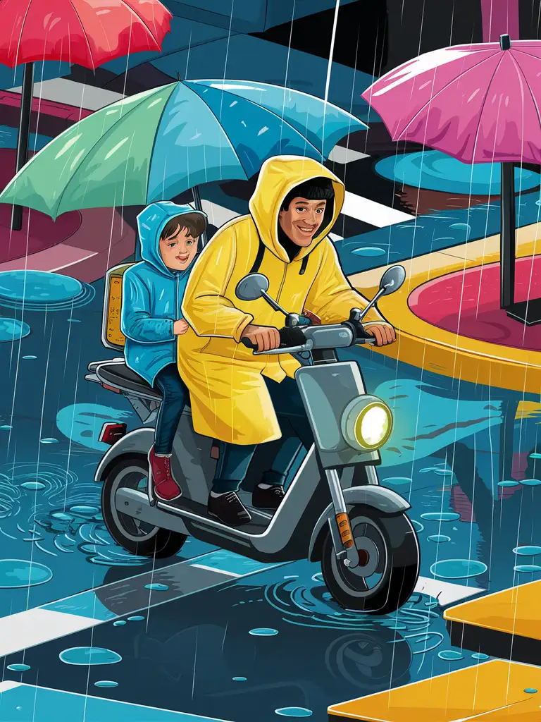 Vector flat illustration style, at a crossroads on a rainy day, a deliveryman rides an electric scooter across the street, with a little boy wearing a blue raincoat on the scooter.