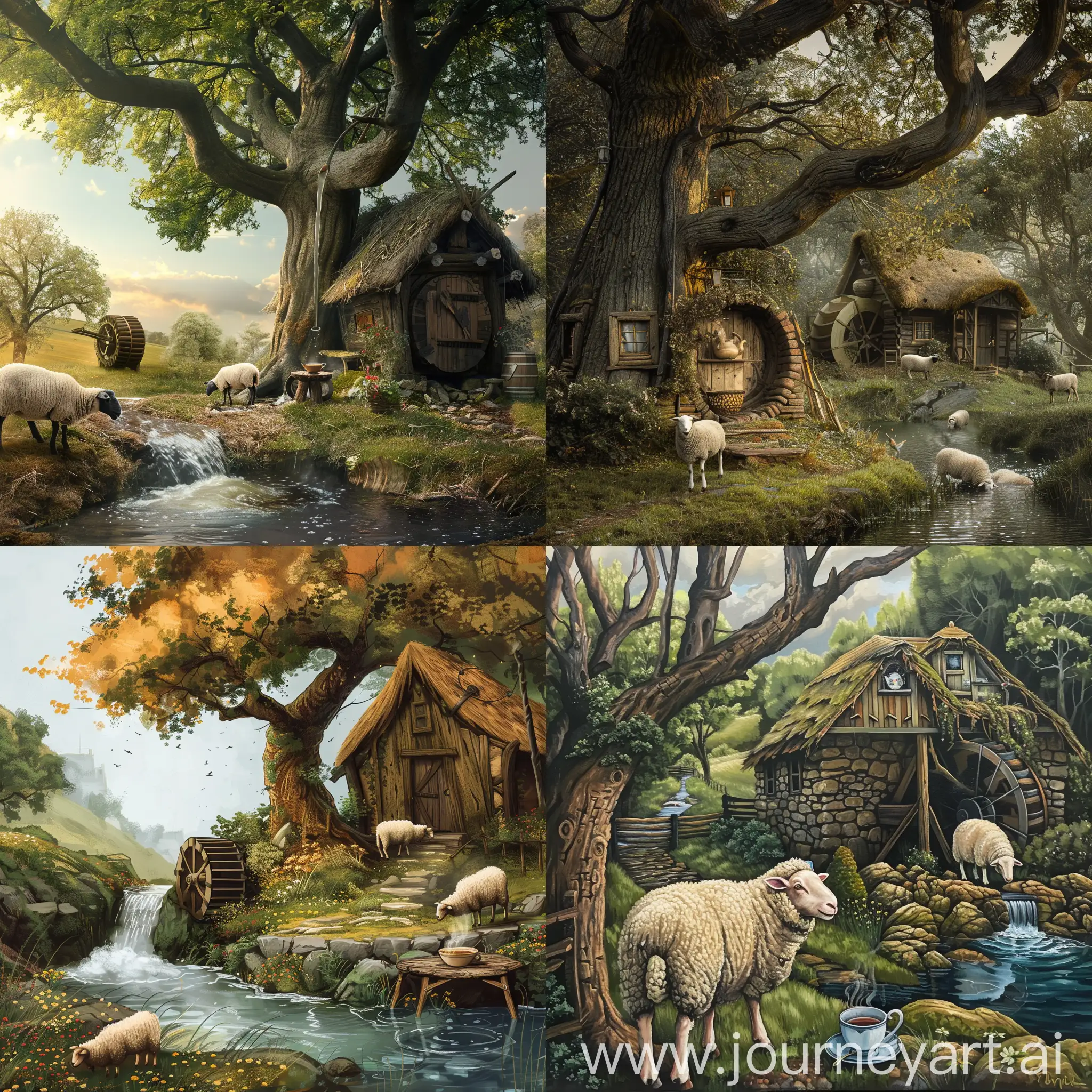 Rustic-Water-Mill-by-an-Oak-Hut-with-Tea-and-Sheep