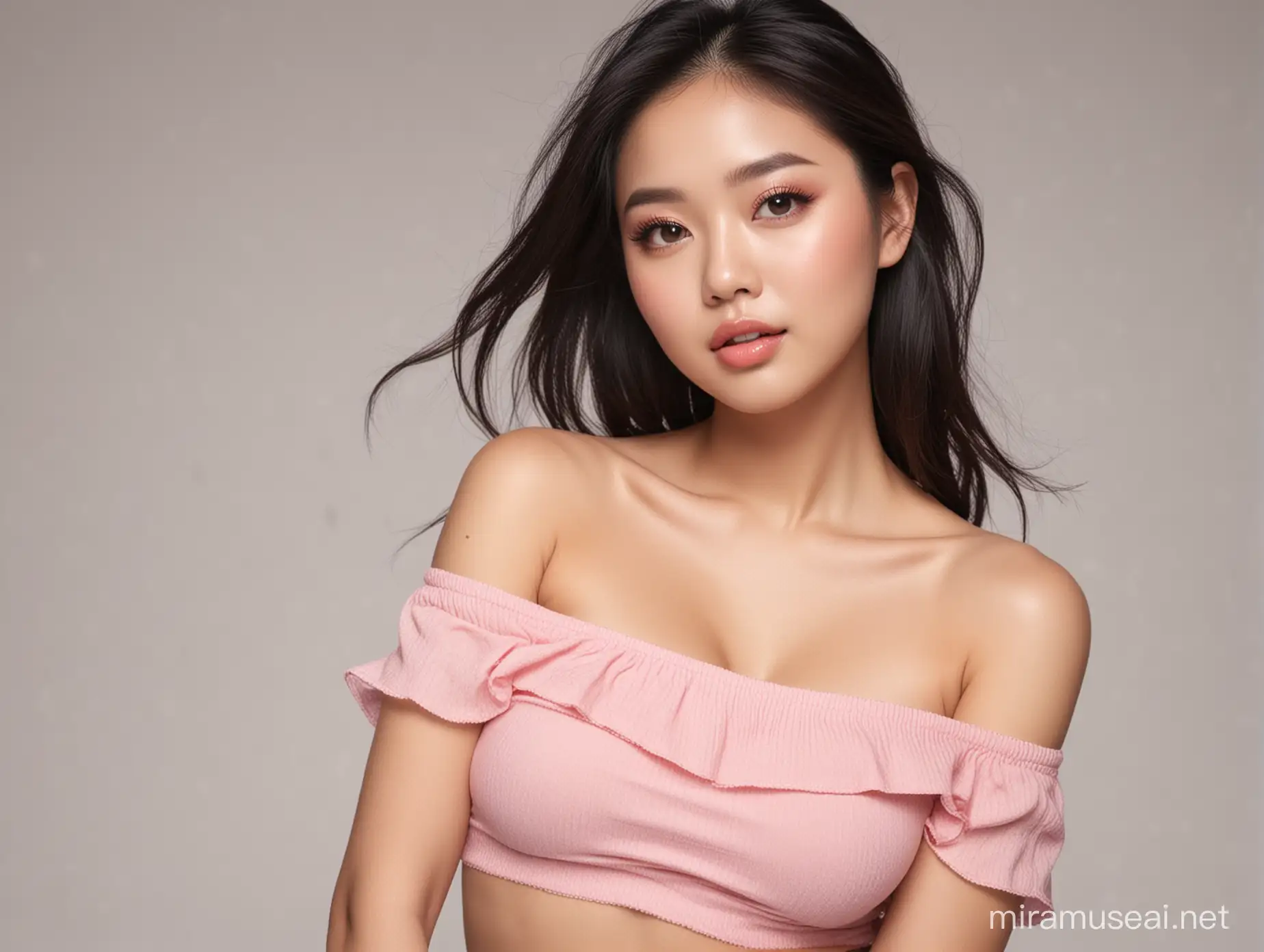Radiant Asian Beauty with Pink Top and Sheer Stockings