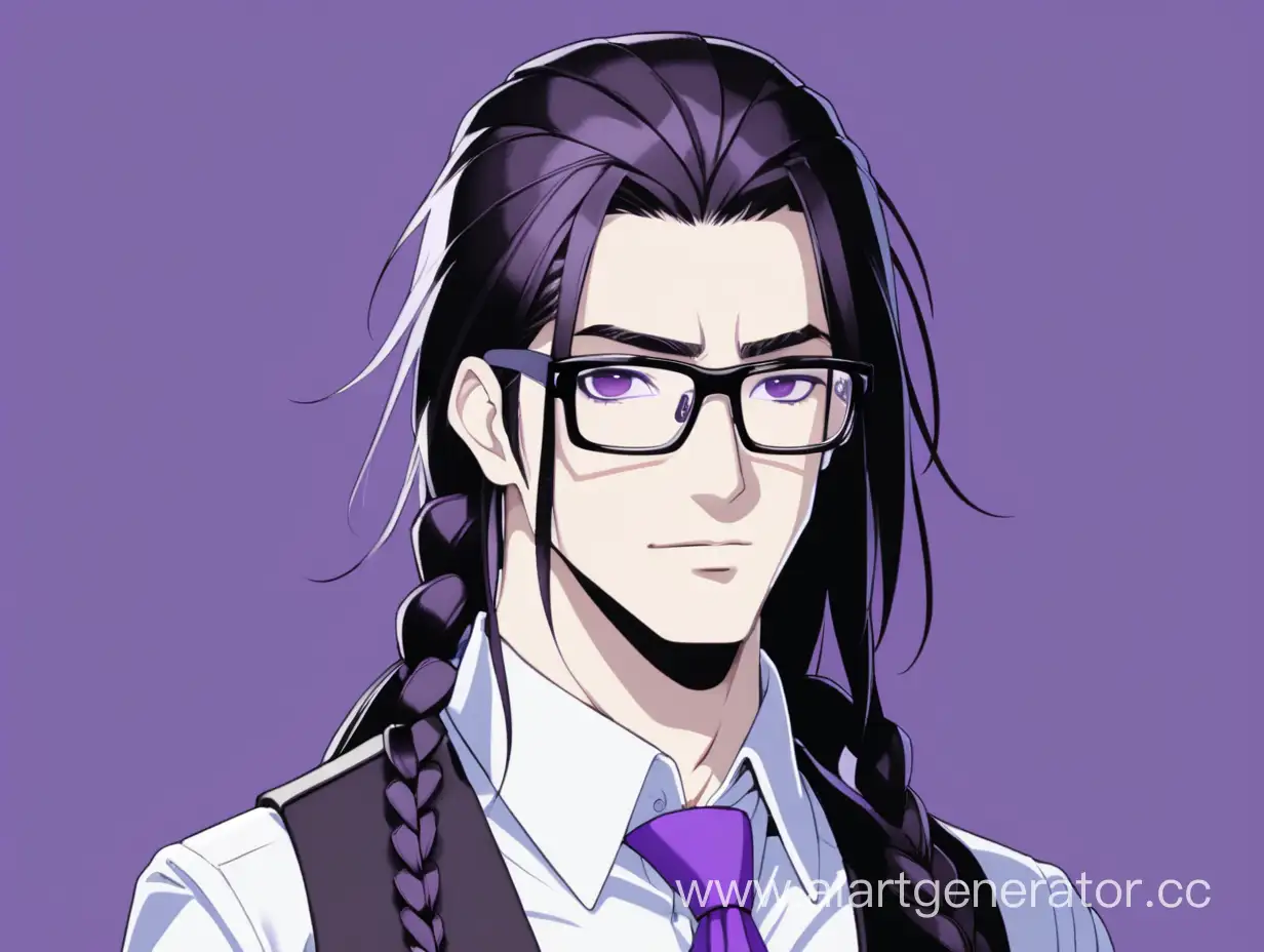 парень с черными длинными волосами в одну косу в квадратных очках с фиолетовыми глазами в рубашке с черным галстуком и в фиолетовом желете с белыми тонкими полосками