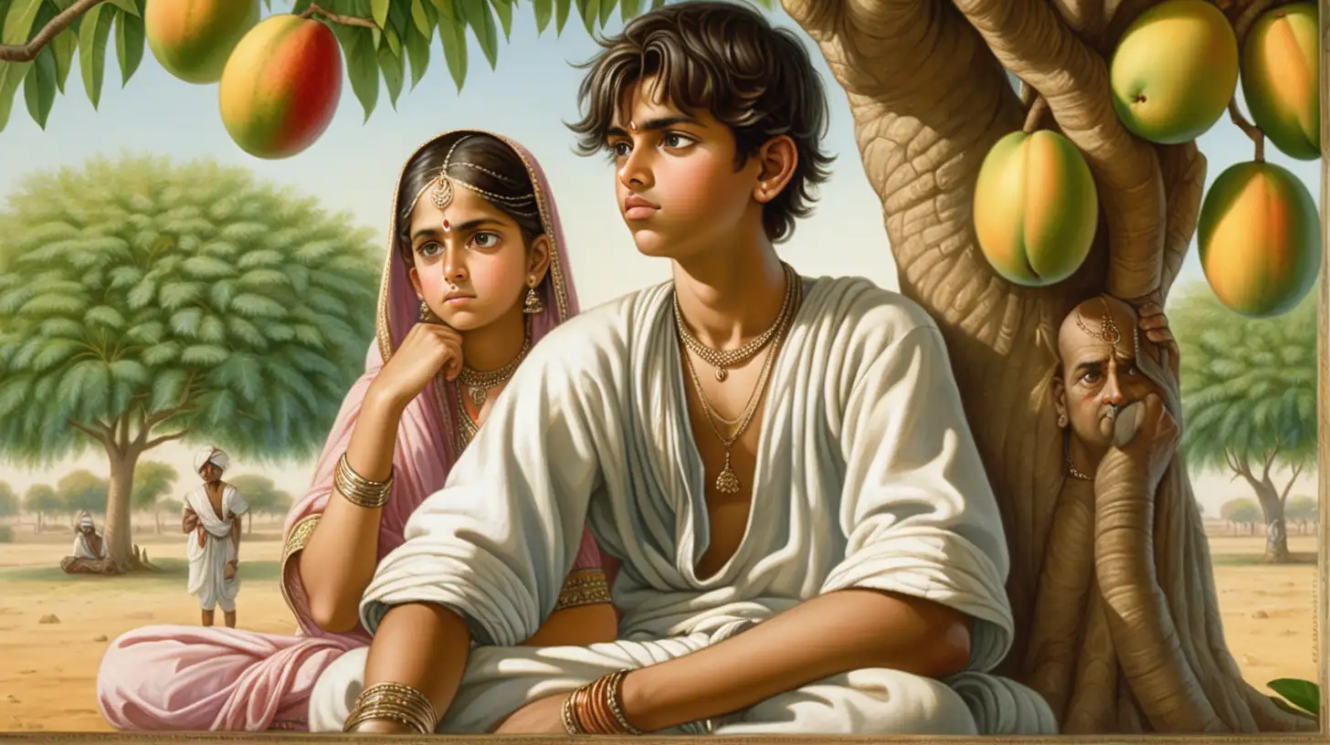 a teenager boy in dhoti is sitting sad and girl is in rajastani outfit standing behind that boy  under big mango tree in a  mango garden india 4th century close up, over the shoulder,  high angle 