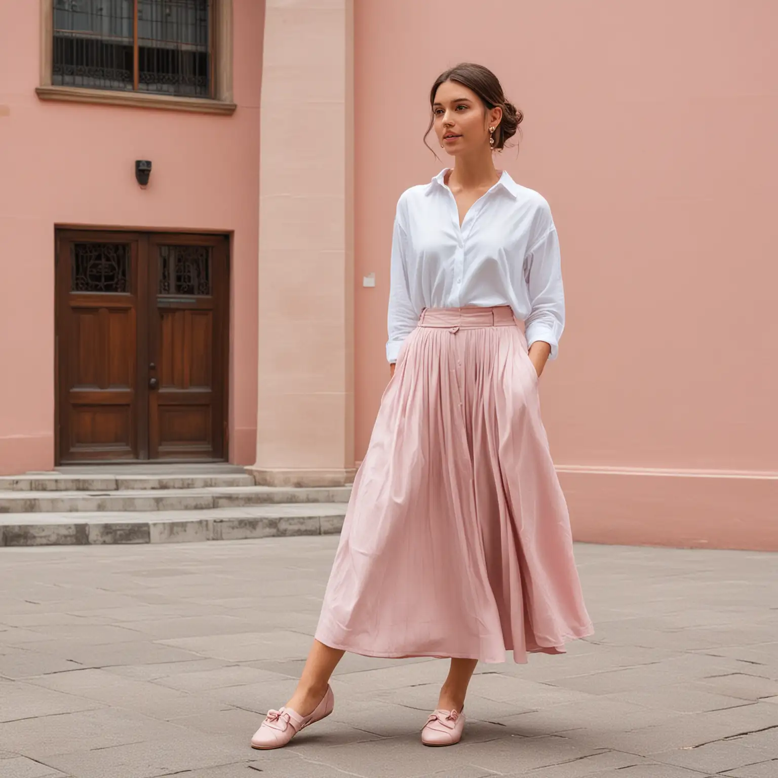 Mujer usando una camisa blanca ancha, una falda larga color rosa suave, usando zapatillas planas color rosa suave, ella esta frente a un museo, ella tiene un peinado recogido.