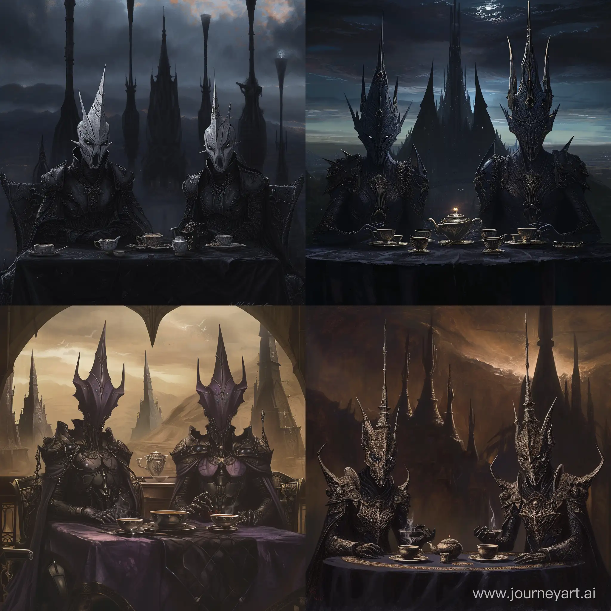 Create a realistic art of two dark eldar from Warhammer 40 000 universe. 
They are sitting in front of the tea table, with dark tablecloth. Dark spires of Commorragh can be seen in the background.